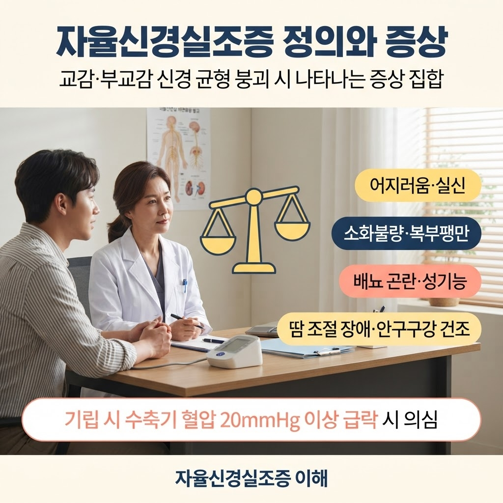 자율신경실조증 증상과 관리, 원인부터 제대로 알기 1 자율신경실조증은 교감신경과 부교감신경의 균형이 깨지면서 발생하는 증상의 집합으로, 단일 질환이라기보다 신경퇴행·자가면역·내분비·감염 질환, 당뇨병 말초신경 손상, 항암제·항우울제 등 다양한 기저 원인에서 비롯되며, 기립 시 수축기 혈압이 20mmHg 이상 급락하는 기립성 저혈압이 대표 진단 기준으로 활용됨.