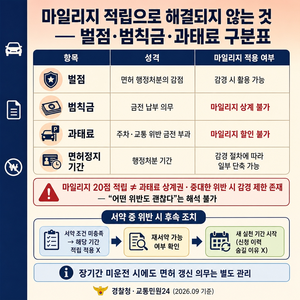 착한운전 마일리지 신청과 사용방법: 10점 적립 조건부터 감경까지 3 소프트피치에서 크림으로 이어지는 상하 그라디언트 배경, 좌측 네이비 세로 띠. 상단 굵은 한글 제목 ‘마일리지 적립으로 해결되지 않는 것 — 벌점·범칙금·과태료 구분표’. 중앙 4행 비교 표 3열, 컬럼 헤더 ‘항목 | 성격 | 마일리지 적용 여부’. 1행 ‘벌점 | 면허 행정처분의 감점 | 감경 시 활용 가능’. 2행 ‘범칙금 | 금전 납부 의무 | 마일리지 상계 불가’. 3행 ‘과태료 | 주차·교통 위반 금전 부과 | 마일리지 할인 불가’. 4행 ‘면허정지 기간 | 행정처분 기간 | 감경 절차에 따라 일부 단축 가능’. 표 아래 빨간 테두리 경고 박스 ‘마일리지 20점 적립 ≠ 과태료 상계권 · 중대한 위반 시 감경 제한 존재 — “어떤 위반도 괜찮다”는 해석 불가’. 중앙 하단 라벨 ‘서약 중 위반 시 후속 조치’ 흐름 3칩 ‘서약 조건 미충족 → 해당 기간 적립 적용 X’, ‘재서약 가능 여부 확인’, ‘새 실천 기간 시작 (신청 이력 숨길 이유 X)’. 안내 칩 ‘장기간 미운전 시에도 면허 갱신 의무는 별도 관리’. 하단 우측 푸터 ‘경찰청·교통민원24 (2026.09 기준)’. 워터마크 없음, 1:1 1024×1024.