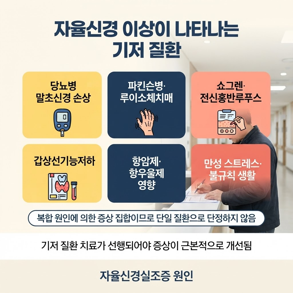 자율신경실조증 증상과 관리, 원인부터 제대로 알기 2 자율신경실조증 증상은 심혈관(어지러움·실신·혈압 변동), 소화기(소화불량·복부팽만·설사 변비 반복), 비뇨생식기(배뇨 곤란·성 기능), 체온·땀 조절, 안구·구강 건조 등 전신에 걸쳐 나타나고, 당뇨병·파킨슨병·루이소체치매·쇼그렌·루푸스·갑상선 기능저하 등이 흔한 기저 질환으로 알려짐.