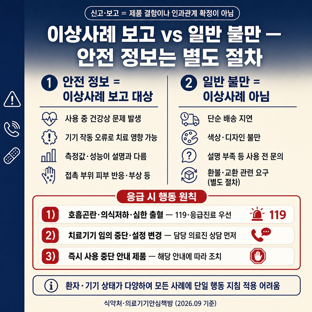 딥네이비에서 크림으로 이어지는 상하 그라디언트 배경, 좌측 네이비 세로 띠가 전체 높이의 약 8% 폭으로 배치됨. 상단에 굵은 한글 산세리프 제목 ‘이상사례 보고 vs 일반 불만 — 안전 정보는 별도 절차’. 제목 위에 작은 라운드 칩 ‘신고·보고 = 제품 결함이나 인과관계 확정이 아님’. 2열 분할 레이아웃. 좌측 컬럼 라벨 ‘① 안전 정보 = 이상사례 보고 대상’ 글머리 4개 — ‘사용 중 건강상 문제 발생’, ‘기기 작동 오류로 치료 영향 가능’, ‘측정값·성능이 설명과 다름’, ‘접촉 부위 피부 반응·부상 등’. 우측 컬럼 라벨 ‘② 일반 불만 = 이상사례 아님’ 글머리 4개 — ‘단순 배송 지연’, ‘색상·디자인 불만’, ‘설명 부족 등 사용 전 문의’, ‘환불·교환 관련 요구 (별도 절차)’. 분할 아래 빨간 테두리 강조 박스 라벨 ‘응급 시 행동 원칙’. 안에 흰색 칩 3개 ‘1) 호흡곤란·의식저하·심한 출혈 — 119·응급진료 우선’, ‘2) 치료기기 임의 중단·설정 변경 — 담당 의료진 상담 먼저’, ‘3) 즉시 사용 중단 안내 제품 — 해당 안내에 따라 조치’. 하단 안내문 ‘환자·기기 상태가 다양하여 모든 사례에 단일 행동 지침 적용 어려움’. 하단 우측 푸터 ‘식약처·의료기기안심책방 (2026.09 기준)’. 워터마크 없음, 1:1 1024×1024.
