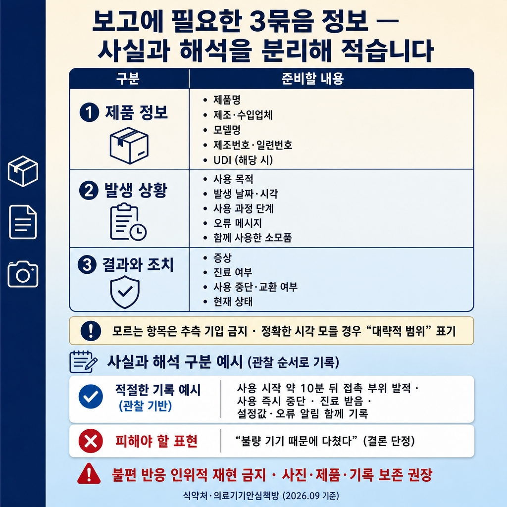 크림에서 소프트스카이블루로 이어지는 상하 그라디언트 배경, 좌측 네이비 세로 띠. 상단 굵은 한글 제목 ‘보고에 필요한 3묶음 정보 — 사실과 해석을 분리해 적습니다’. 중앙 3행 정리 표 3열, 컬럼 헤더 ‘구분 | 준비할 내용’. 1행 ‘① 제품 정보 — 제품명, 제조·수입업체, 모델명, 제조번호·일련번호, UDI (해당 시)’. 2행 ‘② 발생 상황 — 사용 목적, 발생 날짜·시각, 사용 과정 단계, 오류 메시지, 함께 사용한 소모품’. 3행 ‘③ 결과와 조치 — 증상, 진료 여부, 사용 중단·교환 여부, 현재 상태’. 표 아래 부드러운 크림 박스 ‘모르는 항목은 추측 기입 금지 · 정확한 시각 모를 경우 “대략적 범위” 표기’. 하단 섹션 라벨 ‘사실과 해석 구분 예시 (관찰 순서로 기록)’. 위쪽 흰색 노트 패널 라벨 ‘적절한 기록 예시 (관찰 기반)’ 내용 ‘사용 시작 약 10분 뒤 접촉 부위 발적 · 사용 즉시 중단 · 진료 받음 · 설정값·오류 알림 함께 기록’. 아래쪽 흰색 노트 패널 라벨 ‘피해야 할 표현’ 내용 ‘“불량 기기 때문에 다쳤다” (결론 단정)’. 하단 빨간 경고 ‘불편 반응 인위적 재현 금지 · 사진·제품·기록 보존 권장’. 하단 우측 푸터 ‘식약처·의료기기안심책방 (2026.09 기준)’. 워터마크 없음, 1:1 1024×1024.

