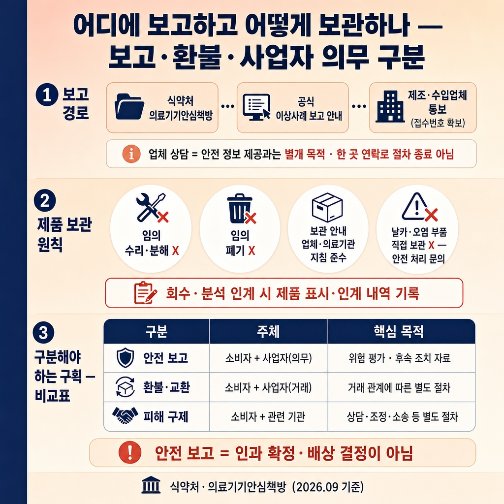 소프트피치에서 크림으로 이어지는 상하 그라디언트 배경, 좌측 네이비 세로 띠. 상단 굵은 한글 제목 ‘어디에 보고하고 어떻게 보관하나 — 보고·환불·사업자 의무 구분’. 3개 수직 섹션. 섹션 1 라벨 ‘① 보고 경로’ 3개 경로 칩 가로 배열 ‘식약처 의료기기안심책방’, ‘공식 이상사례 보고 안내’, ‘제조·수입업체 통보 (접수번호 확보)’. 안내 노트 ‘업체 상담 = 안전 정보 제공과는 별개 목적 · 한 곳 연락로 절차 종료 아님’. 섹션 2 라벨 ‘② 제품 보관 원칙’ 흰색 라운드 칩 4개 ‘임의 수리·분해 X’, ‘임의 폐기 X’, ‘보관 안내 업체·의료기관 지침 준수’, ‘날카·오염 부품 직접 보관 X — 안전 처리 문의’. 아래 빨간 테두리 노트 ‘회수·분석 인계 시 제품 표시·인계 내역 기록’. 섹션 3 라벨 ‘③ 구분해야 하는 구획 — 비교표’ 3행 표 3열, 컬럼 헤더 ‘구분 | 주체 | 핵심 목적’. 1행 ‘안전 보고 | 소비자 + 사업자(의무) | 위험 평가 · 후속 조치 자료’. 2행 ‘환불·교환 | 소비자 + 사업자(거래) | 거래 관계에 따른 별도 절차’. 3행 ‘피해 구제 | 소비자 + 관련 기관 | 상담·조정·소송 등 별도 절차’. 하단 안내문 ‘안전 보고 = 인과 확정·배상 결정이 아님’. 하단 우측 푸터 ‘식약처·의료기기안심책방 (2026.09 기준)’. 워터마크 없음, 1:1 1024×1024.

