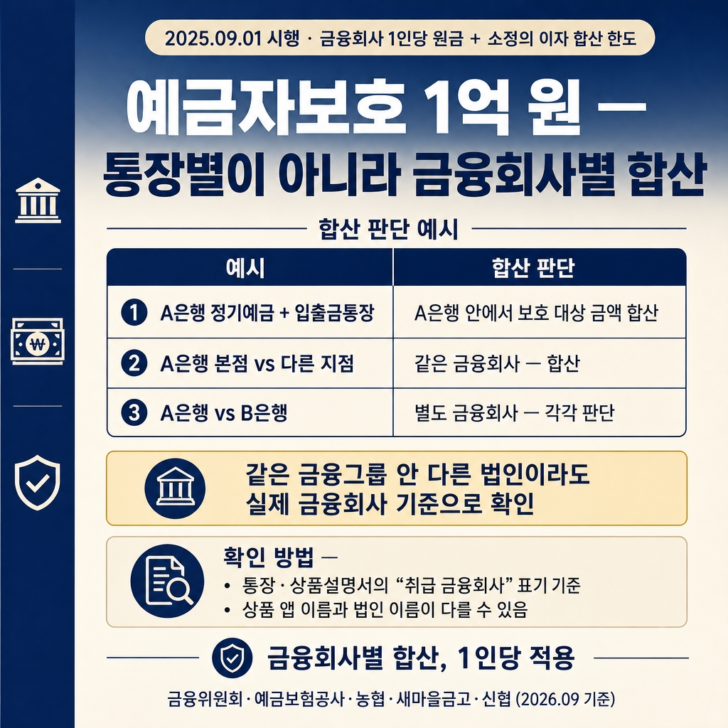 예금자보호 한도 1억 원 계산법: 은행별 합산·이자·보호 제외 상품 1 딥네이비에서 크림으로 이어지는 상하 그라디언트 배경, 좌측 네이비 세로 띠가 전체 높이의 약 8% 폭으로 배치됨. 상단에 굵은 한글 산세리프 제목 ‘예금자보호 1억 원 — 통장별이 아니라 금융회사별 합산’. 제목 위에 작은 라운드 칩 ‘2025.09.01 시행 · 금융회사 1인당 원금 + 소정의 이자 합산 한도’. 중앙에 3행 합산 판단 표 2열, 컬럼 헤더 ‘예시 | 합산 판단’. 1행 ‘A은행 정기예금 + 입출금통장 | A은행 안에서 보호 대상 금액 합산’. 2행 ‘A은행 본점 vs 다른 지점 | 같은 금융회사 — 합산’. 3행 ‘A은행 vs B은행 | 별도 금융회사 — 각각 판단’. 표 아래 강조 박스 ‘같은 금융그룹 안 다른 법인이라도 실제 금융회사 기준으로 확인’. 부드러운 크림 안내 섹션 ‘확인 방법 — 통장·상품설명서의 “취급 금융회사” 표기 기준 · 상품 앱 이름과 법인 이름이 다를 수 있음’. 하단 안내문 ‘금융회사별 합산, 1인당 적용’. 하단 우측 푸터 ‘금융위원회·예금보험공사·농협·새마을금고·신협 (2026.09 기준)’. 워터마크 없음, 1:1 1024×1024.