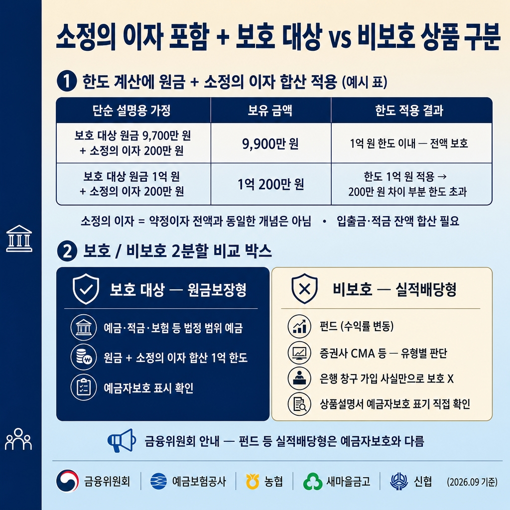 예금자보호 한도 1억 원 계산법: 은행별 합산·이자·보호 제외 상품 2 크림에서 소프트스카이블루로 이어지는 상하 그라디언트 배경, 좌측 네이비 세로 띠. 상단 굵은 한글 제목 ‘소정의 이자 포함 + 보호 대상 vs 비보호 상품 구분’. 상단 섹션 라벨 ‘① 한도 계산에 원금 + 소정의 이자 합산 적용 (예시 표)’ 2행 표 3열, 컬럼 헤더 ‘단순 설명용 가정 | 보유 금액 | 한도 적용 결과’. 1행 ‘보호 대상 원금 9,700만 원 + 소정의 이자 200만 원 | 9,900만 원 | 1억 원 한도 이내 — 전액 보호’. 2행 ‘보호 대상 원금 1억 원 + 소정의 이자 200만 원 | 1억 200만 원 | 한도 1억 원 적용 → 200만 원 차이 부분 한도 초과’. 표 아래 안내문 ‘소정의 이자 = 약정이자 전액과 동일한 개념은 아님 · 입출금·적금 잔액 합산 필요’. 중간 섹션 라벨 ‘② 보호 / 비보호 2분할 비교 박스’ 가로 분할. 좌측 네이비 패널 흰 글씨 ‘보호 대상 — 원금보장형 — 예금·적금·보험 등 법정 범위 · 원금 + 소정의 이자 합산 1억 한도 · 예금자보호 표시 확인’. 우측 크림 패널 진한 글씨 ‘비보호 — 실적배당형 — 펀드 (수익률 변동) · 증권사 CMA 등 유형별 판단 · 은행 창구 가입 사실만으로 보호 X · 상품설명서 예금자보호 표기 직접 확인’. 하단 안내문 ‘금융위원회 안내 — 펀드 등 실적배당형은 예금자보호와 다름’. 하단 우측 푸터 ‘금융위원회·예금보험공사·농협·새마을금고·신협 (2026.09 기준)’. 워터마크 없음, 1:1 1024×1024.