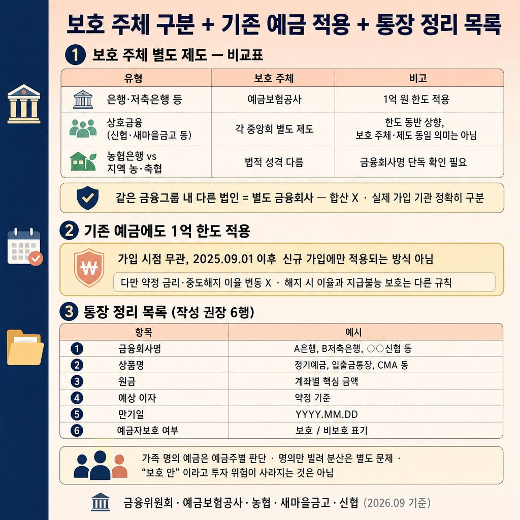 예금자보호 한도 1억 원 계산법: 은행별 합산·이자·보호 제외 상품 3 소프트피치에서 크림으로 이어지는 상하 그라디언트 배경, 좌측 네이비 세로 띠. 상단 굵은 한글 제목 ‘보호 주체 구분 + 기존 예금 적용 + 통장 정리 목록’. 상단 섹션 라벨 ‘① 보호 주체 별도 제도 — 비교표’ 3행 표 3열, 컬럼 헤더 ‘유형 | 보호 주체 | 비고’. 1행 ‘은행·저축은행 등 | 예금보험공사 | 1억 원 한도 적용’. 2행 ‘상호금융 (신협·새마을금고 등) | 각 중앙회 별도 제도 | 한도 동반 상향, 보호 주체·제도 동일 의미는 아님’. 3행 ‘농협은행 vs 지역 농·축협 | 법적 성격 다름 | 금융회사명 단독 확인 필요’. 표 아래 부드러운 크림 정보 박스 ‘같은 금융그룹 내 다른 법인 = 별도 금융회사 — 합산 X · 실제 가입 기관 정확히 구분’. 중간 섹션 라벨 ‘② 기존 예금에도 1억 한도 적용’ 강조 박스 ‘가입 시점 무관, 2025.09.01 이후 신규 가입에만 적용되는 방식 아님’. 보조 안내문 ‘약정 금리·중도해지 이율 변동 X · 해지 시 이율과 지급불능 보호는 다른 규칙’. 하단 섹션 라벨 ‘③ 통장 정리 목록 (작성 권장 6행)’ 6행 체크리스트 표 2열, 컬럼 헤더 ‘항목 | 예시’. 1행 ‘금융회사명 | A은행, B저축은행, ○○신협 등’. 2행 ‘상품명 | 정기예금, 입출금통장, CMA 등’. 3행 ‘원금 | 계좌별 핵심 금액’. 4행 ‘예상 이자 | 약정 기준’. 5행 ‘만기일 | YYYY.MM.DD’. 6행 ‘예금자보호 여부 | 보호 / 비보호 표기’. 하단 안내문 ‘가족 명의 예금은 예금주별 판단 · 명의만 빌려 분산은 별도 문제 · 보호 안이라고 투자 위험이 사라지는 것은 아님’. 하단 우측 푸터 ‘금융위원회·예금보험공사·농협·새마을금고·신협 (2026.09 기준)’. 워터마크 없음, 1:1 1024×1024.