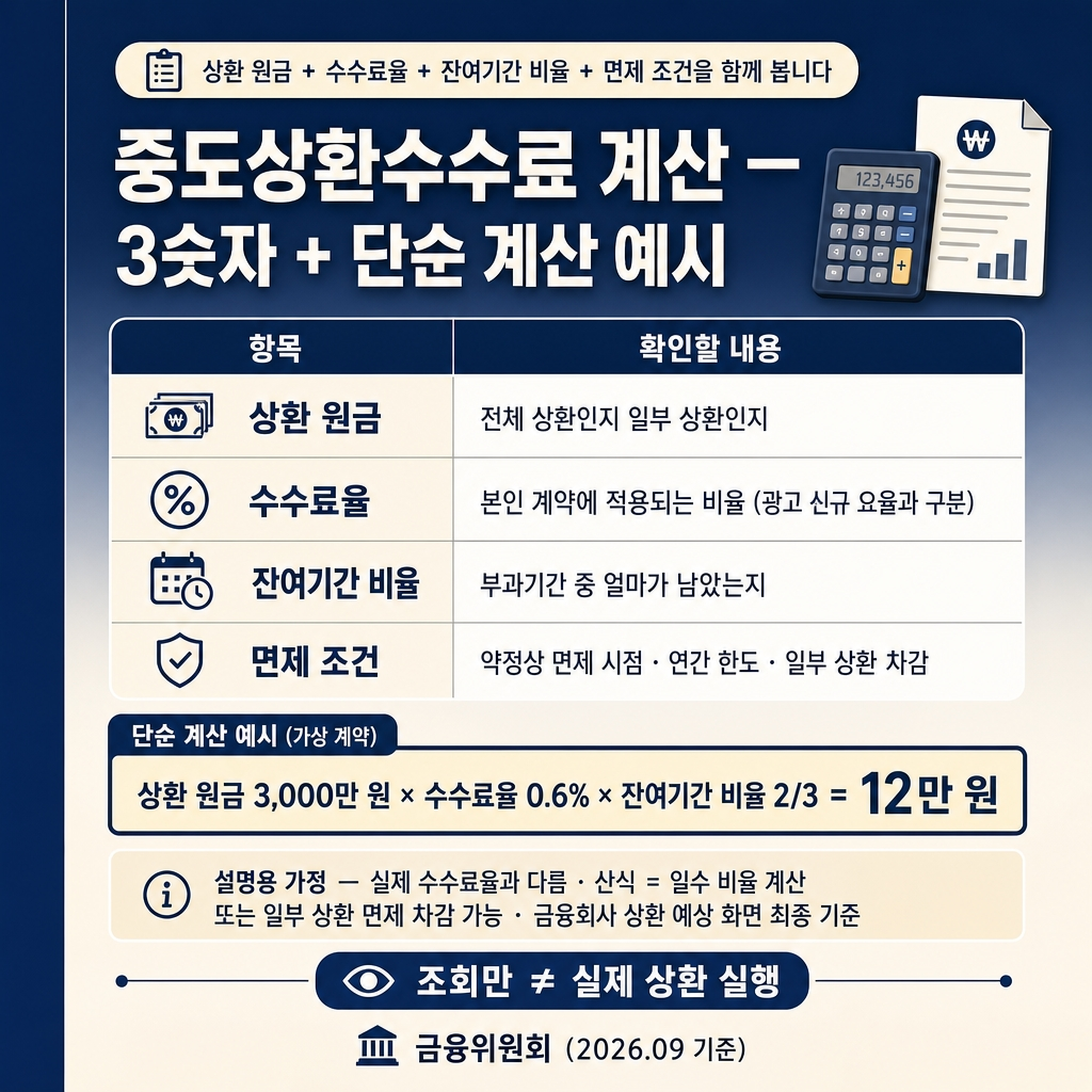 딥네이비에서 크림으로 이어지는 상하 그라디언트 배경, 좌측 네이비 세로 띠가 전체 높이의 약 8% 폭으로 배치됨. 상단에 굵은 한글 산세리프 제목 ‘중도상환수수료 계산 — 3숫자 + 단순 계산 예시’. 제목 위에 작은 라운드 칩 ‘상환 원금 + 수수료율 + 잔여기간 비율 + 면제 조건을 함께 봅니다’. 중앙 4행 참조 표 2열 ‘항목 / 확인할 내용’. 1행 ‘상환 원금 | 전체 상환인지 일부 상환인지’. 2행 ‘수수료율 | 본인 계약에 적용되는 비율 (광고 신규 요율과 구분)’. 3행 ‘잔여기간 비율 | 부과기간 중 얼마가 남았는지’. 4행 ‘면제 조건 | 약정상 면제 시점 · 연간 한도 · 일부 상환 차감’. 표 아래 라벨 ‘단순 계산 예시 (가상 계약)’ 강조 박스 ‘상환 원금 3,000만 원 × 수수료율 0.6% × 잔여기간 비율 2/3 = 12만 원’. 부드러운 크림 안내문 ‘설명용 가정 — 실제 수수료율과 다름 · 산식 = 일수 비율 계산 또는 일부 상환 면제 차감 가능 · 금융회사 상환 예상 화면 최종 기준’. 보조 칩 노트 ‘조회만 ≠ 실제 상환 실행’. 하단 우측 푸터 ‘금융위원회 (2026.09 기준)’. 워터마크 없음, 1:1 1024×1024.
