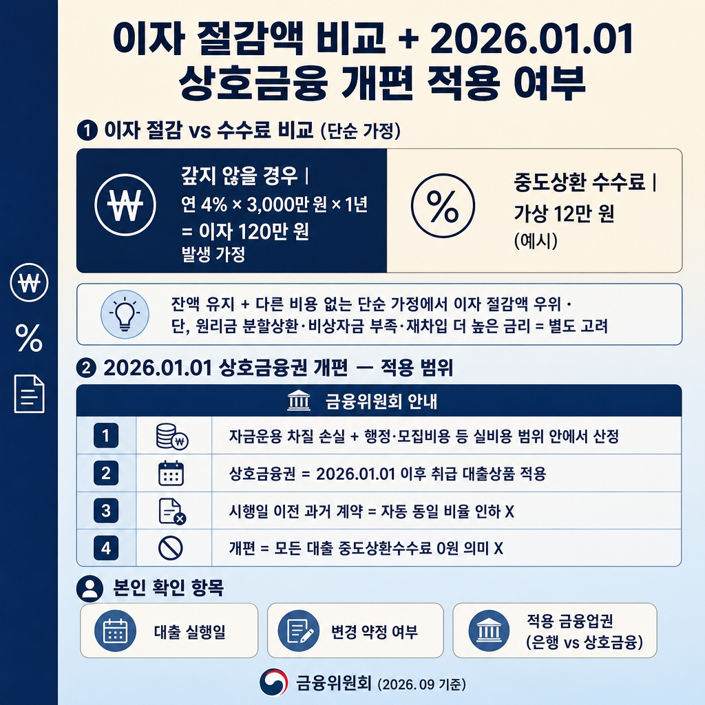 크림에서 소프트스카이블루로 이어지는 상하 그라디언트 배경, 좌측 네이비 세로 띠. 상단 굵은 한글 제목 ‘이자 절감액 비교 + 2026.01.01 상호금융 개편 적용 여부’. 상단 섹션 라벨 ‘① 이자 절감 vs 수수료 비교 (단순 가정)’ 2열 비교 카드. 좌측 네이비 패널 흰 글씨 ‘갚지 않을 경우 | 연 4% × 3,000만 원 × 1년 = 이자 120만 원 발생 가정’. 우측 크림 패널 진한 글씨 ‘중도상환 수수료 | 가상 12만 원 (예시)’. 안내문 ‘잔액 유지 + 다른 비용 없는 단순 가정에서 이자 절감액 우위 · 단, 원리금 분할상환 · 비상자금 부족 · 재차입 더 높은 금리 = 별도 고려’. 중간 섹션 라벨 ‘② 2026.01.01 상호금융권 개편 — 적용 범위’ 4행 정보 박스 헤더 ‘금융위원회 안내’. 1행 ‘자금운용 차질 손실 + 행정·모집비용 등 실비용 범위 안에서 산정’. 2행 ‘상호금융권 = 2026.01.01 이후 취급 대출상품 적용’. 3행 ‘시행일 이전 과거 계약 = 자동 동일 비율 인하 X’. 4행 ‘개편 = 모든 대출 중도상환수수료 0원 의미 X’. 하단 라벨 ‘본인 확인 항목’ 칩 3개 ‘대출 실행일’, ‘변경 약정 여부’, ‘적용 금융업권 (은행 vs 상호금융)’. 하단 우측 푸터 ‘금융위원회 (2026.09 기준)’. 워터마크 없음, 1:1 1024×1024.
