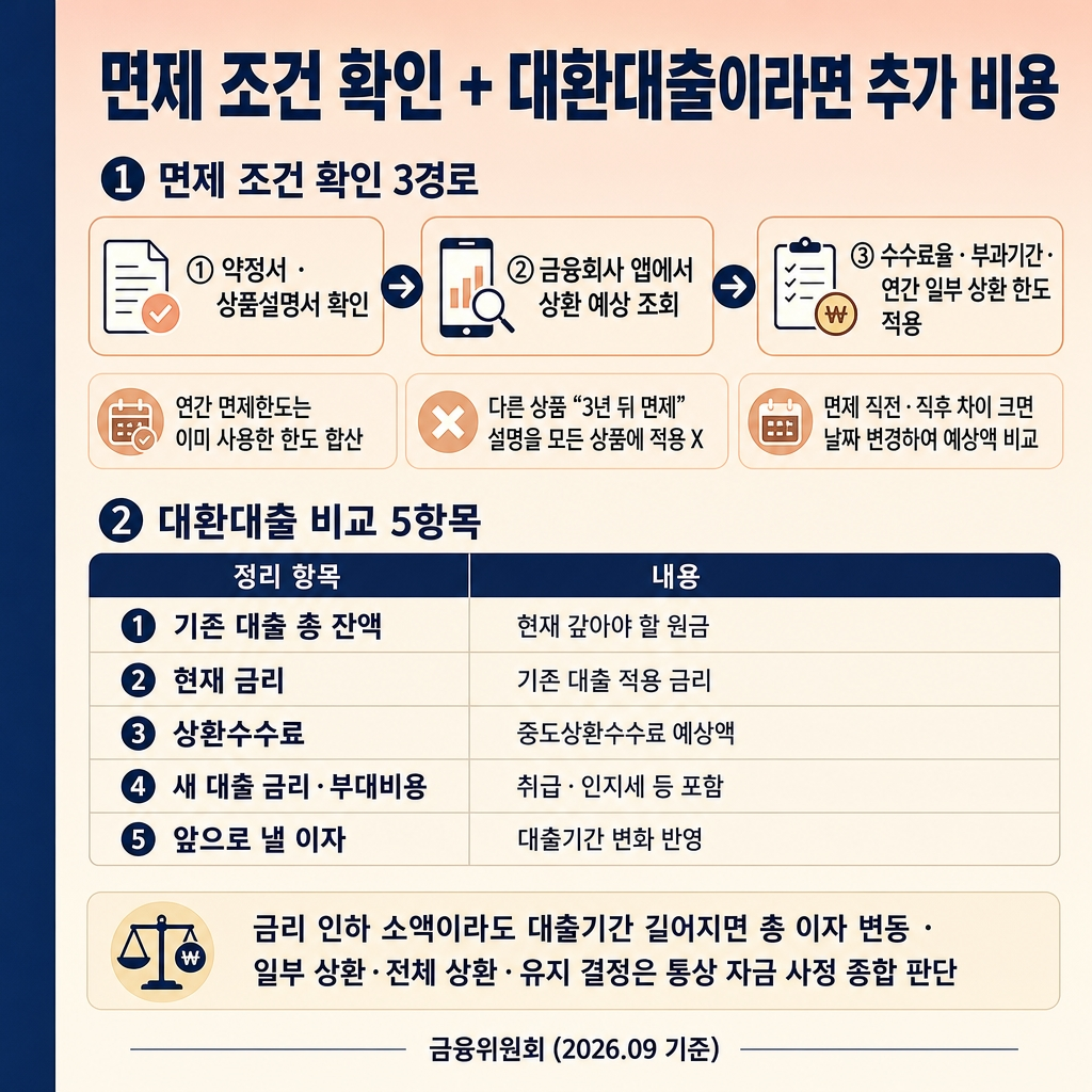 소프트피치에서 크림으로 이어지는 상하 그라디언트 배경, 좌측 네이비 세로 띠. 상단 굵은 한글 제목 ‘면제 조건 확인 + 대환대출이라면 추가 비용’. 상단 섹션 라벨 ‘① 면제 조건 확인 3경로’ 3단계 가로 연결 칩 ‘① 약정서 · 상품설명서 확인 → ② 금융회사 앱에서 상환 예상 조회 → ③ 수수료율·부과기간·연간 일부 상환 한도 적용’. 보조 칩 글머리 ‘연간 면제한도는 이미 사용한 한도 합산’, ‘다른 상품 “3년 뒤 면제” 설명을 모든 상품에 적용 X’, ‘면제 직전·직후 차이 크면 날짜 변경하여 예상액 비교’. 중간 섹션 라벨 ‘② 대환대출 비교 5항목’ 5행 체크리스트 표 2열, 컬럼 헤더 ‘정리 항목 | 내용’. 1행 ‘기존 대출 총 잔액 | 현재 갚아야 할 원금’. 2행 ‘현재 금리 | 기존 대출 적용 금리’. 3행 ‘상환수수료 | 중도상환수수료 예상액’. 4행 ‘새 대출 금리·부대비용 | 취급·인지세 등 포함’. 5행 ‘앞으로 낼 이자 | 대출기간 변화 반영’. 하단 안내문 ‘금리 인하 소액이라도 대출기간 길어지면 총 이자 변동 · 일부 상환·전체 상환·유지 결정은 통상 자금 사정 종합 판단’. 하단 우측 푸터 ‘금융위원회 (2026.09 기준)’. 워터마크 없음, 1:1 1024×1024.

