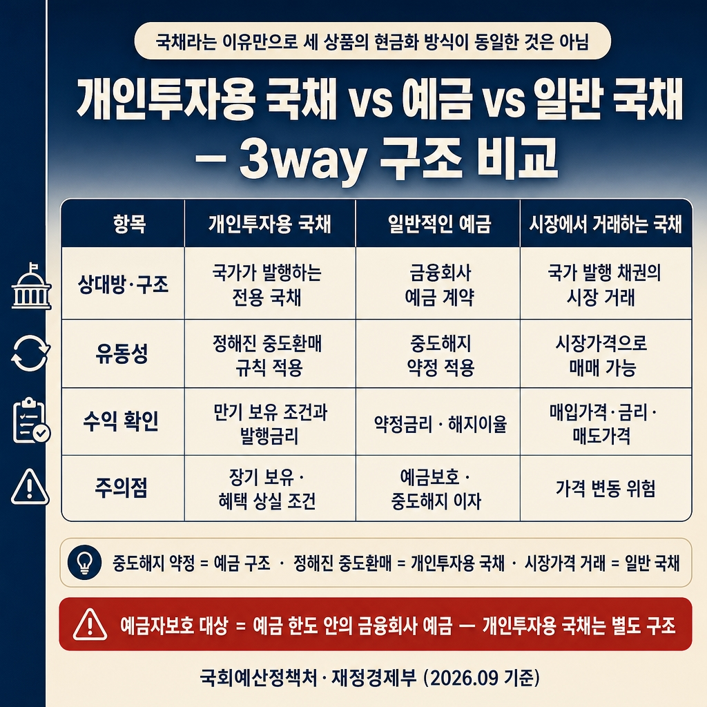 개인투자용 국채 구조와 중도환매: 예금·일반 국채와 무엇이 다를까? 1 딥네이비에서 크림으로 이어지는 상하 그라디언트 배경, 좌측 네이비 세로 띠가 전체 높이의 약 8% 폭으로 배치됨. 상단에 굵은 한글 산세리프 제목 ‘개인투자용 국채 vs 예금 vs 일반 국채 — 3way 구조 비교’. 제목 위에 작은 라운드 칩 ‘국채라는 이유만으로 세 상품의 현금화 방식이 동일한 것은 아님’. 중앙 4행 3열 비교 표 ‘항목 / 개인투자용 국채 / 일반적인 예금 / 시장에서 거래하는 국채’. 1행 ‘상대방·구조 | 국가가 발행하는 전용 국채 | 금융회사 예금 계약 | 국가 발행 채권의 시장 거래’. 2행 ‘유동성 | 정해진 중도환매 규칙 적용 | 중도해지 약정 적용 | 시장가격으로 매매 가능’. 3행 ‘수익 확인 | 만기 보유 조건과 발행금리 | 약정금리·해지이율 | 매입가격·금리·매도가격’. 4행 ‘주의점 | 장기 보유·혜택 상실 조건 | 예금보호·중도해지 이자 | 가격 변동 위험’. 표 아래 부드러운 크림 안내문 ‘중도해지 약정 = 예금 구조 · 정해진 중도환매 = 개인투자용 국채 · 시장가격 거래 = 일반 국채’. 하단 빨간 테두리 경고 박스 ‘예금자보호 대상 = 예금 한도 안의 금융회사 예금 — 개인투자용 국채는 별도 구조’. 하단 우측 푸터 ‘국회예산정책처·재정경제부 (2026.09 기준)’. 워터마크 없음, 1:1 1024×1024.