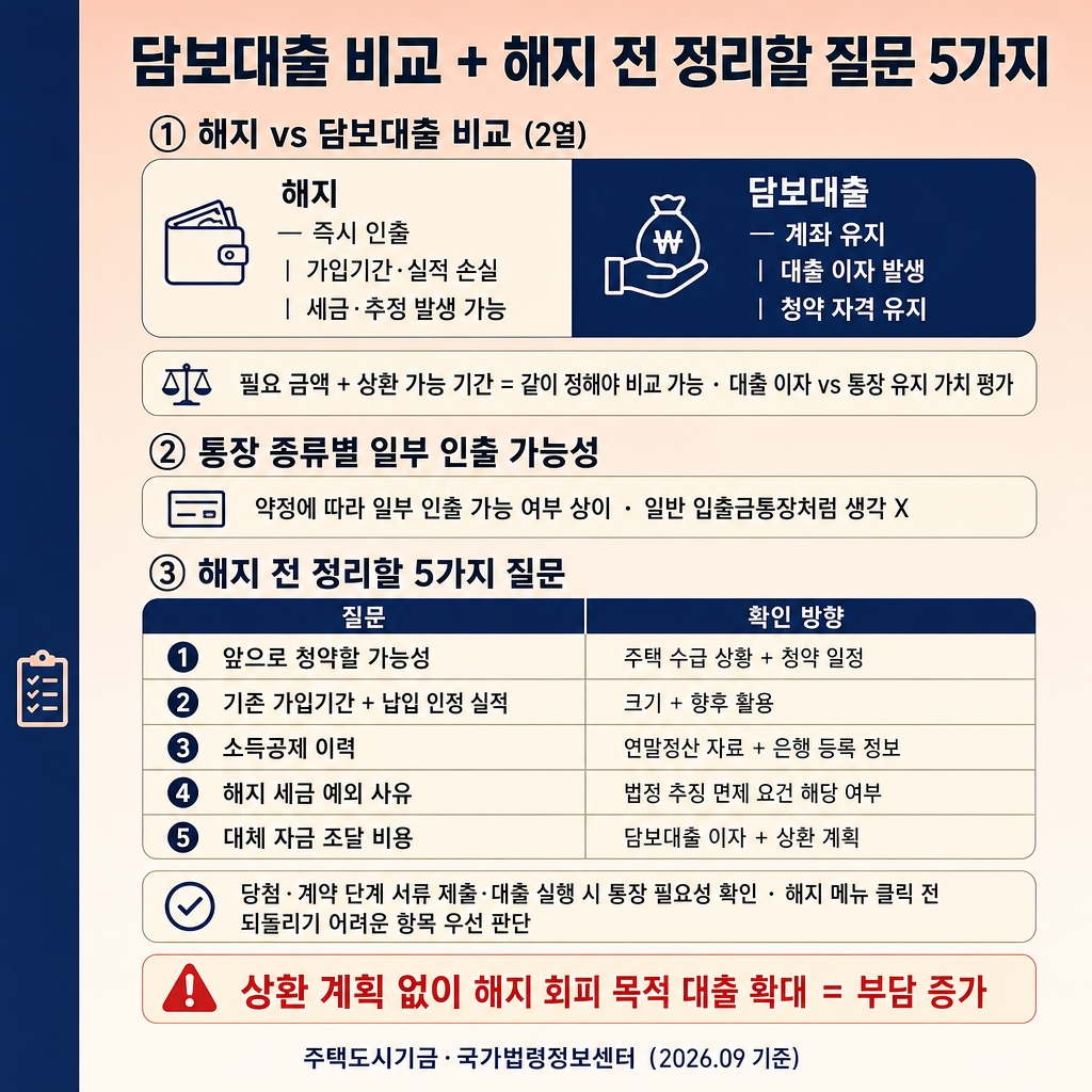 주택청약통장 해지 전 확인할 것: 가입기간·납입실적·소득공제 추징 3 소프트피치에서 크림으로 이어지는 상하 그라디언트 배경, 좌측 네이비 세로 띠. 상단 굵은 한글 제목 ‘담보대출 비교 + 해지 전 정리할 질문 5가지’. 상단 섹션 라벨 ‘① 해지 vs 담보대출 비교 (2열)’ 대비 박스. 좌측 크림 패널 진한 글씨 ‘해지 | 즉시 인출 | 가입기간·실적 손실 | 세금·추징 발생 가능’. 우측 네이비 패널 흰 글씨 ‘담보대출 | 계좌 유지 | 대출 이자 발생 | 청약 자격 유지’. 부드러운 크림 안내문 ‘필요 금액 + 상환 가능 기간 = 같이 정해야 비교 가능 · 대출 이자 vs 통장 유지 가치 평가’. 가운데 섹션 라벨 ‘② 통장 종류별 일부 인출 가능성’ 칩 ‘약정에 따라 일부 인출 가능 여부 상이 · 일반 입출금통장처럼 생각 X’. 중간 섹션 라벨 ‘③ 해지 전 정리할 5가지 질문’ 5행 체크리스트 표 2열 ‘질문 / 확인 방향’. 1행 ‘앞으로 청약할 가능성 | 주택 수급 상황 + 청약 일정’. 2행 ‘기존 가입기간 + 납입 인정 실적 | 크기 + 향후 활용’. 3행 ‘소득공제 이력 | 연말정산 자료 + 은행 등록 정보’. 4행 ‘해지 세금 예외 사유 | 법정 추징 면제 요건 해당 여부’. 5행 ‘대체 자금 조달 비용 | 담보대출 이자 + 상환 계획’. 보조 안내 ‘당첨·계약 단계 서류 제출·대출 실행 시 통장 필요성 확인 · 해지 메뉴 클릭 전 되돌리기 어려운 항목 우선 판단’. 하단 빨간 테두리 경고 ‘상환 계획 없이 해지 회피 목적 대출 확대 = 부담 증가’. 하단 우측 푸터 ‘주택도시기금·국가법령정보센터 (2026.09 기준)’. 워터마크 없음, 1:1 1024×1024.