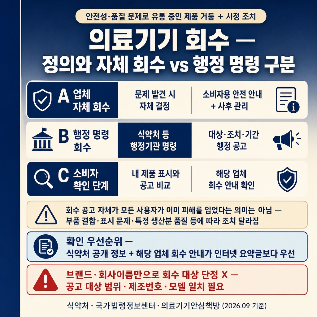 의료기기 회수 대상 확인법: 모델명·제조번호 비교와 소비자 대응 1 딥네이비에서 크림으로 이어지는 상하 그라디언트 배경, 좌측 네이비 세로 띠가 전체 높이의 약 8% 폭으로 배치됨. 상단에 굵은 한글 산세리프 제목 ‘의료기기 회수 — 정의와 자체 회수 vs 행정 명령 구분’. 제목 위에 작은 라운드 칩 ‘안전성·품질 문제로 유통 중인 제품 거둠 + 시정 조치’. 중앙 3행 분할 패널 — A 업체 자체 회수 | 문제 발견 시 자체 결정 | 소비자용 안전 안내 + 사후 관리 / B 행정 명령 회수 | 식약처 등 행정기관 명령 | 대상·조치·기간 행정 공고 / C 소비자 확인 단계 | 내 제품 표시와 공고 비교 | 해당 업체 회수 안내 확인. 부드러운 크림 안내문 ‘회수 공고 자체가 모든 사용자가 이미 피해를 입었다는 의미는 아님 — 부품 결함·표시 문제·특정 생산분 품질 등에 따라 조치 달라짐’. 강조 박스 ‘확인 우선순위 — 식약처 공개 정보 + 해당 업체 회수 안내가 인터넷 요약글보다 우선’. 하단 빨간 테두리 경고 ‘브랜드·회사이름만으로 회수 대상 단정 X — 공고 대상 범위·제조번호·모델 일치 필요’. 하단 우측 푸터 ‘식약처·국가법령정보센터·의료기기안심책방 (2026.09 기준)’. 워터마크 없음, 1:1 1024×1024.