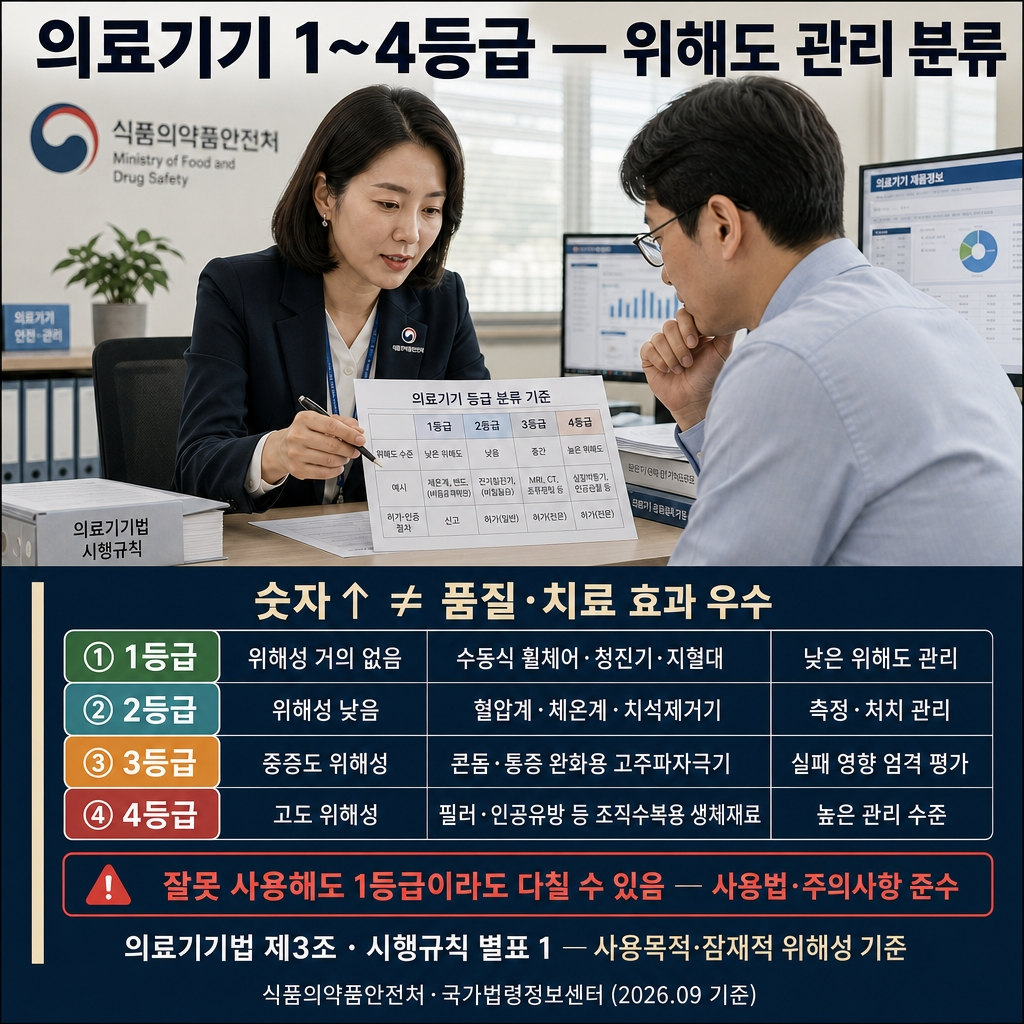 의료기기 1~4등급 의미와 종류: 등급별 대표 제품·위험도·허가 차이 1 의료기기 1~4등급 개요 의료기기 1~4등급은 잠재적 위해성에 따른 관리 수준 분류로, 숫자↑ ≠ 품질·치료 효과 우수. 의료기기법 제3조 + 시행규칙 별표 1는 사용목적과 잠재적 위해성을 기준으로 등급을 나눔. "의료용"이라는 이름만으로 같은 등급이 되는 것이 아니라 실제 품목과 작용 방식이 핵심.