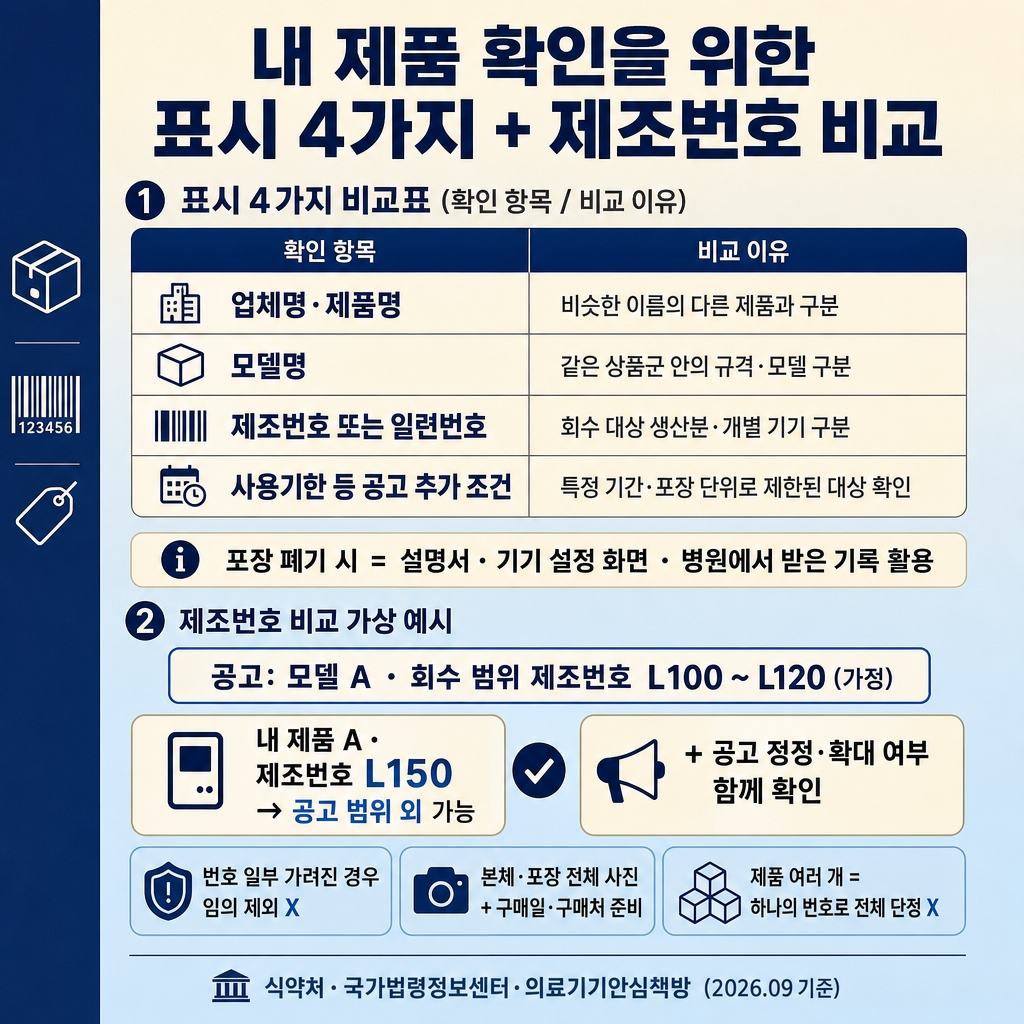 의료기기 회수 대상 확인법: 모델명·제조번호 비교와 소비자 대응 2 크림에서 소프트스카이블루로 이어지는 상하 그라디언트 배경, 좌측 네이비 세로 띠. 상단 굵은 한글 제목 ‘내 제품 확인을 위한 표시 4가지 + 제조번호 비교’. 상단 섹션 라벨 ‘① 표시 4가지 비교표 (확인 항목 / 비교 이유)’ 4행 표 ‘업체명·제품명 | 비슷한 이름의 다른 제품과 구분 / 모델명 | 같은 상품군 안의 규격·모델 구분 / 제조번호 또는 일련번호 | 회수 대상 생산분·개별 기기 구분 / 사용기한 등 공고 추가 조건 | 특정 기간·포장 단위로 제한된 대상 확인’. 부드러운 크림 안내문 ‘포장 폐기 시 = 설명서 · 기기 설정 화면 · 병원에서 받은 기록 활용’. 아래 섹션 라벨 ‘② 제조번호 비교 가상 예시’ 강조 박스 ‘공고: 모델 A · 회수 범위 제조번호 L100 ~ L120 (가정)’. 2열 비교 카드 ‘내 제품 A · 제조번호 L150 → 공고 범위 외 가능 / + 공고 정정·확대 여부 함께 확인’. 보조 칩 글머리 ‘번호 일부 가려진 경우 임의 제외 X’, ‘본체·포장 전체 사진 + 구매일·구매처 준비’, ‘제품 여러 개 = 하나의 번호로 전체 단정 X’. 하단 우측 푸터 ‘식약처·국가법령정보센터·의료기기안심책방 (2026.09 기준)’. 워터마크 없음, 1:1 1024×1024.