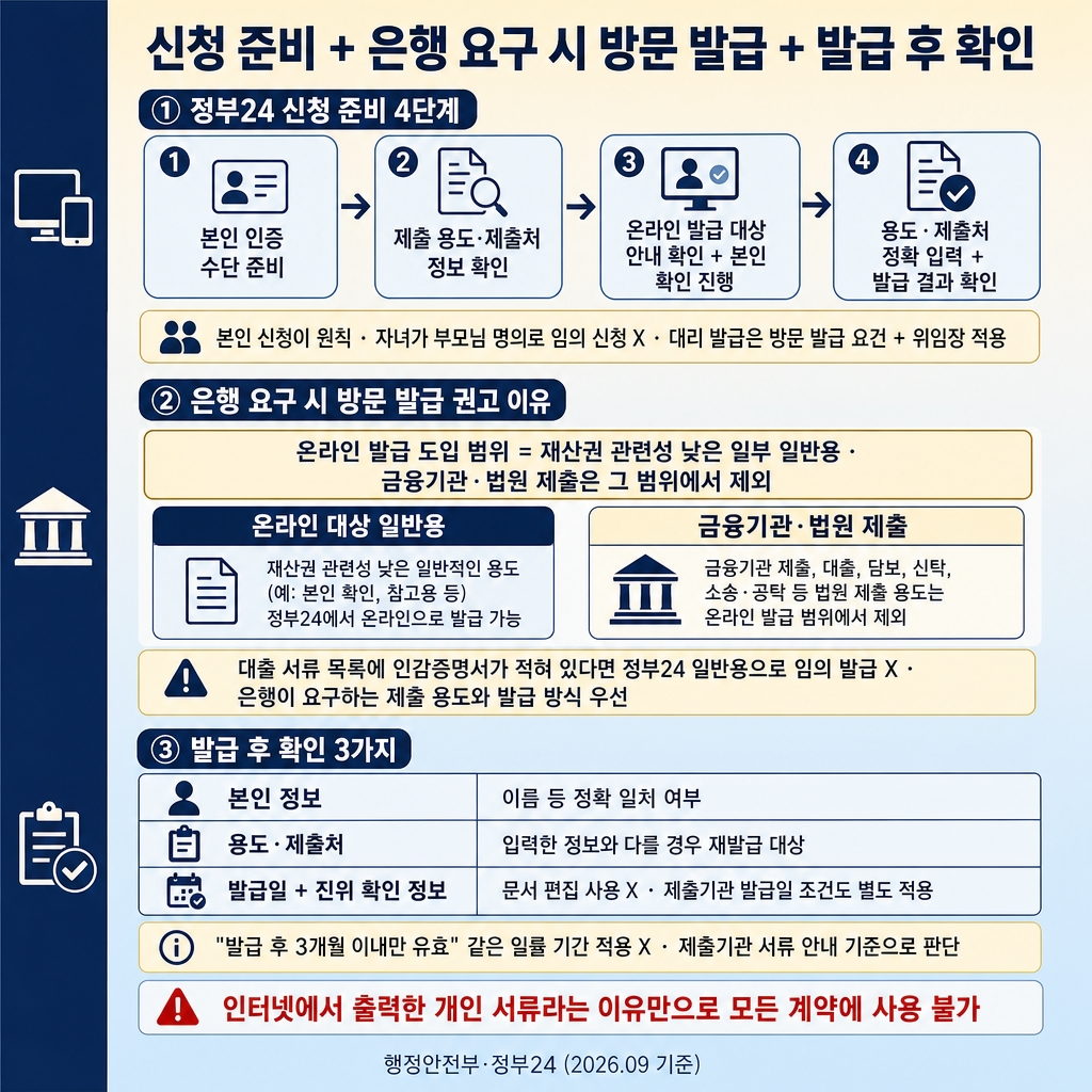 인감증명서 인터넷 발급 가능 용도: 정부24 신청과 방문 발급 차이 2 크림에서 소프트스카이블루로 이어지는 상하 그라디언트 배경, 좌측 네이비 세로 띠. 상단 굵은 한글 제목 ‘신청 준비 + 은행 요구 시 방문 발급 + 발급 후 확인’. 상단 섹션 라벨 ‘① 정부24 신청 준비 4단계’ 4단계 연결 칩 ‘① 본인 인증 수단 준비 → ② 제출 용도·제출처 정보 확인 → ③ 온라인 발급 대상 안내 확인 + 본인 확인 진행 → ④ 용도·제출처 정확 입력 + 발급 결과 확인’. 부드러운 크림 안내문 ‘본인 신청이 원칙 · 자녀가 부모님 명의로 임의 신청 X · 대리 발급은 방문 발급 요건 + 위임장 적용’. 중간 섹션 라벨 ‘② 은행 요구 시 방문 발급 권고 이유’ 강조 박스 ‘온라인 발급 도입 범위 = 재산권 관련성 낮은 일부 일반용 · 금융기관·법원 제출은 그 범위에서 제외’. 2열 비교 카드 좌측 네이비 ‘온라인 대상 일반용’ / 우측 크림 ‘금융기관·법원 제출’. 보조 안내 ‘대출 서류 목록에 인감증명서가 적혀 있다면 정부24 일반용으로 임의 발급 X · 은행이 요구하는 제출 용도와 발급 방식 우선’. 하단 섹션 라벨 ‘③ 발급 후 확인 3가지’ 3행 체크리스트 표 2열 ‘본인 정보 | 이름 등 정확 일치 여부 / 용도·제출처 | 입력 정보와 다를 경우 재발급 대상 / 발급일 + 진위 확인 정보 | 문서 편집 사용 X · 제출기관 발급일 조건도 별도 적용’. 부드러운 크림 안내문 ‘발급 후 3개월 이내만 유효 같은 일률 기간 적용 X · 제출기관 서류 안내 기준으로 판단’. 빨간 테두리 경고 ‘인터넷에서 출력한 개인 서류라는 이유만으로 모든 계약에 사용 불가’. 하단 우측 푸터 ‘행정안전부·정부24 (2026.09 기준)’. 워터마크 없음, 1:1 1024×1024.