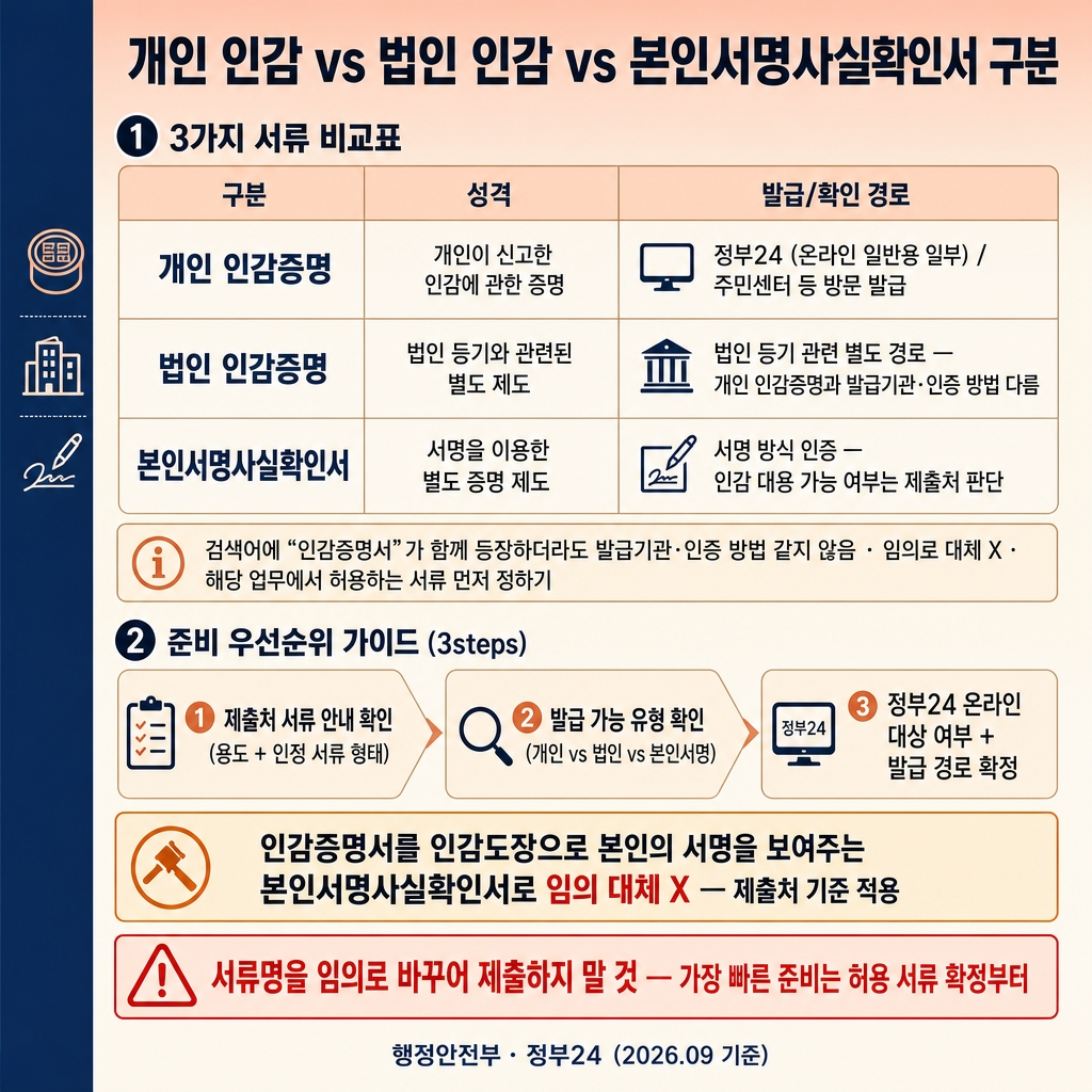 인감증명서 인터넷 발급 가능 용도: 정부24 신청과 방문 발급 차이 3 소프트피치에서 크림으로 이어지는 상하 그라디언트 배경, 좌측 네이비 세로 띠. 상단 굵은 한글 제목 ‘개인 인감 vs 법인 인감 vs 본인서명사실확인서 구분’. 상단 섹션 라벨 ‘① 3가지 서류 비교표’ 3행 비교 표 3열 ‘구분 | 성격 | 발급/확인 경로’. 1행 ‘개인 인감증명 | 개인이 신고한 인감에 관한 증명 | 정부24 (온라인 일반용 일부) / 주민센터 등 방문 발급’. 2행 ‘법인 인감증명 | 법인 등기와 관련된 별도 제도 | 법인 등기 관련 별도 경로 — 개인 인감증명과 발급기관·인증 방법 다름’. 3행 ‘본인서명사실확인서 | 서명을 이용한 별도 증명 제도 | 서명 방식 인증 — 인감 대용 가능 여부는 제출처 판단’. 부드러운 크림 안내문 ‘검색어에 “인감증명서”가 함께 등장하더라도 발급기관·인증 방법 같지 않음 · 임의로 대체 X · 해당 업무에서 허용하는 서류 먼저 정하기’. 하단 섹션 라벨 ‘② 준비 우선순위 가이드 (3steps)’ 3단계 연결 칩 ‘① 제출처 서류 안내 확인 (용도 + 인정 서류 형태) → ② 발급 가능 유형 확인 (개인 vs 법인 vs 본인서명) → ③ 정부24 온라인 대상 여부 + 발급 경로 확정’. 강조 박스 ‘인감증명서를 본인서명사실확인서로 임의 대체 X — 제출처 기준 적용’. 하단 빨간 테두리 경고 ‘서류명을 임의로 바꾸어 제출하지 말 것 — 가장 빠른 준비는 허용 서류 확정부터’. 하단 우측 푸터 ‘행정안전부·정부24 (2026.09 기준)’. 워터마크 없음, 1:1 1024×1024.