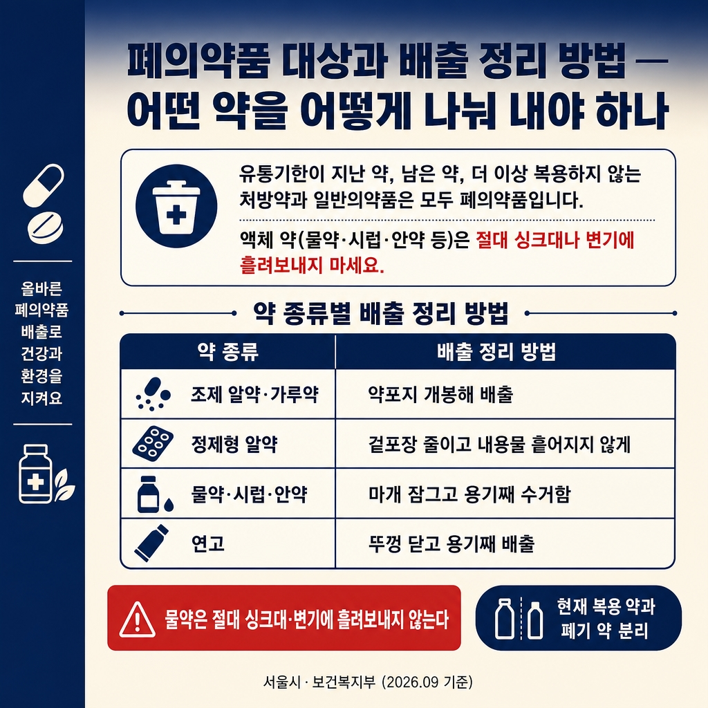 폐의약품 버리는 법: 알약·물약·연고 분리배출과 수거함 찾기 1 크림(#f5ede0), 좌측 네이비 액센트 스트라이프(폭 약 8%), 굵은 한글 타이틀 "폐의약품 대상과 배출 정리 방법 — 어떤 약을 어떻게 나눠 내야 하나", 첫 단락 칩으로 "유효기간·남은 처방약·더 이상 먹지 않는 일반의약품은 폐의약품, 물약은 절대 싱크대·변기에 버리지 않는다" 안내. 본문은 '약 종류별 배출 정리 방법' 4행 표(조제 알약·가루약 | 약포지 개봉해 배출 / 정제형 알약 | 겉포장 줄이고 내용물 흩어지지 않게 / 물약·시럽·안약 | 마개 잠그고 용기째 수거함 / 연고 | 뚜껑 닫고 용기째 배출), 하단에 빨간 테두리 경고박스 "물약은 절대 싱크대·변기에 흘려보내지 않는다", 우측 네이비 보조칩 "현재 복용 약과 폐기 약 분리", 푸터 "서울시·보건복지부 (2026.09 기준)", 워터마크 없음, FAQ·사람 이미지 미포함.