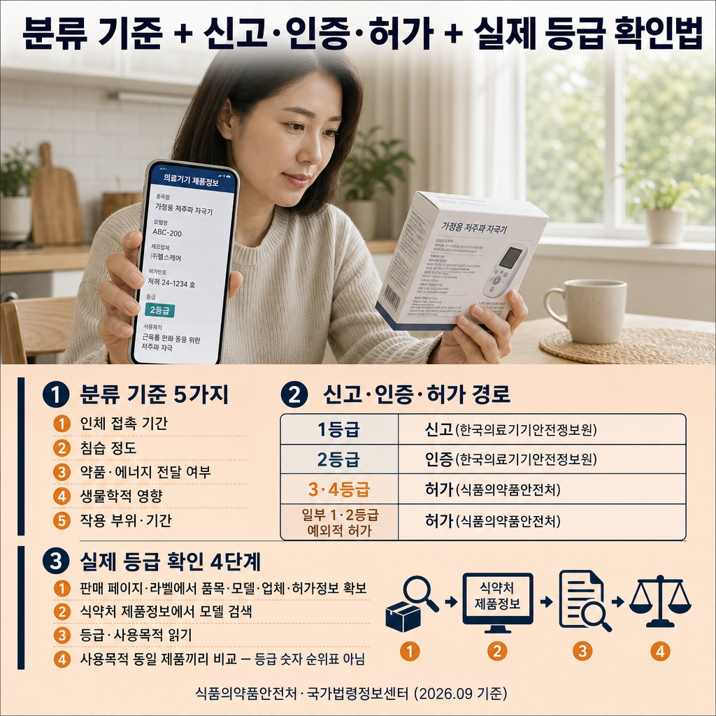 의료기기 1~4등급 의미와 종류: 등급별 대표 제품·위험도·허가 차이 2 분류 기준 + 신고·인증·허가 + 등급 확인법 분류 기준 5가지: 인체 접촉 기간, 침습 정도, 약품·에너지 전달 여부, 생물학적 영향, 작용 부위·기간. "임플란트" 통칭으로 특정 등급 확정 금지. 신고·인증·허가 경로:
1등급 → 신고 (한국의료기기안전정보원)
2등급 → 인증 (한국의료기기안전정보원)
3·4등급 → 허가 (식품의약품안전처)
일부 1·2등급도 허가 대상일 수 있음 (식약처)