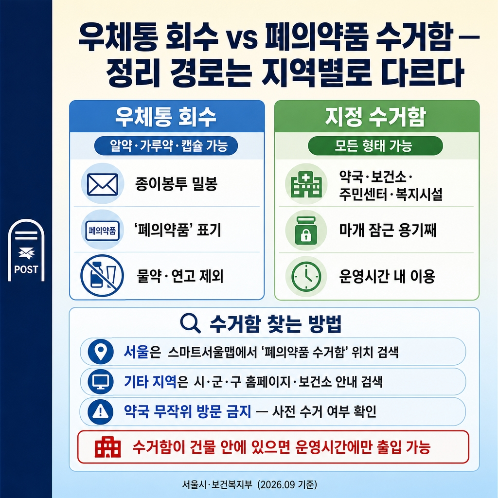 폐의약품 버리는 법: 알약·물약·연고 분리배출과 수거함 찾기 2 소프트스카이블루(#c5d9eb), 좌측 네이비 액센트 스트라이프(폭 약 8%), 굵은 한글 타이틀 "우체통 회수 vs 폐의약품 수거함 — 정리 경로는 지역별로 다르다". 2열 비교 패널 — 좌측 헤더 '우체통 회수'(칩: 알약·가루약·캡슐 가능 / 종이봉투 밀봉·'폐의약품' 표기·물약·연고 제외), 우측 헤더 '지정 수거함'(칩: 모든 형태 가능 / 약국·보건소·주민센터·복지함·마개 잠근 용기째·운영시간 내 이용). 하단 '수거함 찾는 방법' 섹션 — 서울은 스마트서울맵에서 '폐의약품 수거함' 검색, 기타 지역은 시·군·구 홈페이지·보건소 안내 검색, 약국 무작위 방문 금지(사전 수거 여부 확인). 빨간 테두리 콜아웃 "수거함이 건물 안에 있으면 운영시간에만 출입 가능", 푸터 "서울시·보건복지부 (2026.09 기준)", 워터마크 없음, FAQ 미포함.