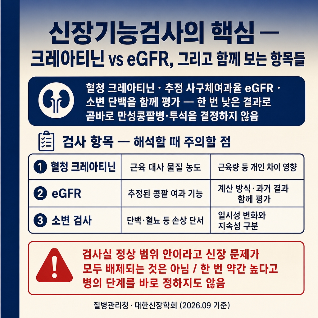 [카드1] kidney_card1_creatinine_egfr.jpg
URL: https://www.genspark.ai/api/files/s/L4z6wX01?cache_control=3600
alt=
신장기능검사 카드뉴스 1장. 1024x1024, 딥네이비→크림 그라디언트 배경, 좌측 네이비 액센트 스트라이프(폭 약 8%). 굵은 한글 타이틀 ‘신장기능검사의 핵심 — 크레아티닌 vs eGFR, 그리고 함께 보는 항목들’. 도입 칩 ‘혈칭 크레아티닌 · 추정 사구체여과율 eGFR · 소변 단백을 함께 평가 — 한 번 낮은 결과로 곧바로 만성콩팥병·투석을 결정하지 않음’. 본문 ‘검사 항목 — 해석할 때 주의할 점’ 3행 표(혈칭 크레아티닌 = 근육 대사 물질 농도, 근육량 등 개인 차이 영향 / eGFR = 추정된 콩팥 여과 기능, 계산 방식·과거 결과 함께 평가 / 소변 검사 = 단백·혈뇨 등 손상 단서, 일시성 변화와 지속성 구분), 빨간 테두리 경고칩 ‘검사실 정상 범위 안이라고 신장 문제가 모두 배제되는 것은 아님 / 한 번 약간 높다고 병의 단계를 바로 정하지도 않음’. 푸터 ‘질병관리청·대한신장학회 (2026.09 기준)’. 워터마크 없음.
