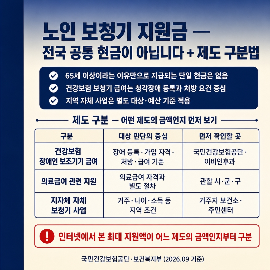[카드1] hearing_card1_insurance_vs_local.jpg
URL: https://www.genspark.ai/api/files/s/0FEJcMg6?cache_control=3600
alt=
노인 보청기 지원금 카드뉴스 1장. 1024x1024, 딥네이비→크림 그라디언트 배경, 좌측 네이비 액센트 스트라이프(폭 약 8%). 굵은 한글 타이틀 ‘노인 보청기 지원금 — 전국 공통 현금이 아닙니다 + 제도 구분법’. 도입 칩 ‘65세 이상이라는 이유만으로 지급되는 단일 현금은 없음 / 건강보험 보청기 급여는 청각장애 등록과 처방 요건 중심 / 지역 자체 사업은 별도 대상·예산 기준 적용’. 본문 ‘제도 구분 — 어떤 제도의 금액인지 먼저 보기’ 3행 표(건강보험 장애인 보조기기 급여 = 장애 등록·가입 자격·처방·급여 기준 / 국민건강보험공단·이비인후과 / 의료급여 관련 지원 = 의료급여 자격과 별도 절차 / 관할 시·군·구 / 지자체 자체 보청기 사업 = 거주·나이·소득 등 지역 조건 / 거주지 보건소·주민센터). 빨간 테두리 칩 ‘인터넷에서 본 최대 지원액이 어느 제도의 금액인지부터 구분’. 푸터 ‘국민건강보험공단·보건복지부 (2026.09 기준)’. 워터마크 없음.
