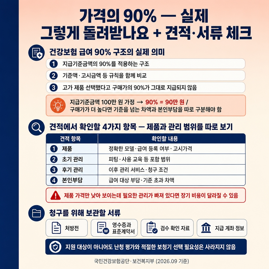 [카드3] hearing_card3_90percent_quote_documents.jpg
URL: https://www.genspark.ai/api/files/s/ZziqMeAD?cache_control=3600
alt=
노인 보청기 지원금 카드뉴스 3장. 1024x1024, 소프트피치→크림 그라디언트 배경, 좌측 네이비 액센트 스트라이프(폭 약 8%). 굵은 한글 타이틀 ‘가격의 90% — 실제 그렇게 돌려받나요 + 견적·서류 체크’. 상단 ‘건강보험 급여 90% 구조의 실제 의미’ 3개 칩(지급기준금액의 90%를 적용하는 구조 / 기준액·고시금액 등 규칙을 함께 비교 / 고가 제품 선택했다고 구매가의 90%가 그대로 지급되지 않음). 연한 피치 강조 박스 ‘지급기준금액 100만 원 가정 → 90% = 90만 원 / 구매가가 더 높다면 기준을 넘는 차액과 본인부담을 따로 구분해야 함’. 중단 ‘견적에서 확인할 4가지 항목 — 제품과 관리 범위를 따로 보기’ 4행 표(제품 = 정확한 모델·급여 등록 여부·고시가격 / 초기 관리 = 피팅·사용 교육 등 포함 범위 / 후기 관리 = 이후 관리 서비스·청구 조건 / 본인부담 = 급여 대상 부담·기준 초과 차액). 빨간 테두리 칩 ‘제품 가격만 낮아 보이는데 필요한 관리가 빠져 있다면 장기 비용이 달라질 수 있음’. 하단 ‘청구를 위해 보관할 서류’ 4개 칩(처방전 / 영수증과 표준계약서 / 검수 확인 자료 / 지급 계좌 정보). 보조칩 ‘지원 대상이 아니어도 난청 평가와 적절한 보청기 선택 필요성은 사라지지 않음’. 푸터 ‘국민건강보험공단·보건복지부 (2026.09 기준)’. 워터마크 없음.
