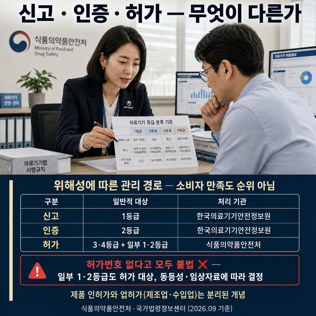 의료기기 허가·인증·신고 차이와 조회 방법: 모델명·사용목적 확인 1 의료기기 신고·인증·허가는 위해성에 따라 달라지는 관리 경로 구분이며, 소비자 만족도를 순위로 매기는 제도가 아닙니다. 신고 — 1등급 (한국의료기기안전정보원) / 인증 — 2등급 (한국의료기기안전정보원) / 허가 — 3·4등급 + 일부 1·2등급 (식품의약품안전처). 상당수는 안전성·성능 근거 부족이나 기존 제품과 본질적 동등성 미충족, 임상자료 필요 등의 사유로 1·2등급도 허가 경로를 적용합니다. "허가번호 없으면 모두 불법"이라고 단정 불가. 사업자가 등록한 제품 인허가와 업체가 보유한 업허가(제조·수입업 신고/허가)는 분리된 개념으로, 구매 제품 확인 시에는 해당 제품의 품목 정보에 집중해야 합니다.