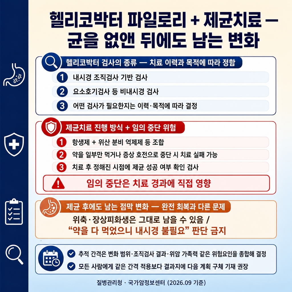[카드2] gastritis_card2_h_pylori_eradication.jpg
URL: https://www.genspark.ai/api/files/s/fg0Vv6SR?cache_control=3600
alt=
위축성 위염·장상피화생 카드뉴스 2장. 1024x1024, 크림→소프트스카이블루 그라디언트 배경, 좌측 네이비 액센트 스트라이프(폭 약 8%). 굵은 한글 타이틀 ‘헬리코박터 파일로리 + 제균치료 — 균을 없앤 뒤에도 남는 변화’. 상단 ‘헬리코박터 검사의 종류 — 치료 이력과 목적에 따라 정함’ 3개 칩(내시경 조직검사 기반 검사 / 요소호기검사 등 비내시경 검사 / 어떤 검사가 필요한지는 이력·목적에 따라 결정). 중단 ‘제균치료 진행 방식 + 임의 중단 위험’ 3개 칩(항생제 + 위산 분비 억제제 등 조합 / 약을 일부만 먹거나 증상 호전으로 중단 시 치료 실패 가능 / 치료 후 정해진 시점에 제균 성공 여부 확인 검사). 빨간 테두리 경고칩 ‘임의 중단은 치료 경과에 직접 영향’. 하단 ‘제균 후에도 남는 점막 변화 — 완전 회복과 다른 문제’ 연한 피치 강조 패널 ‘위축·장상피화생은 그대로 남을 수 있음 / “약을 다 먹었으니 내시경 불필요” 판단 금지’. 보조칩 ‘추적 간격은 변화 범위·조직검사 결과·위암 가족력 같은 위험요인 종합 결정 / 모든 사람에게 같은 간격 적용보다 결과지에 다음 계획 구체 기재 권장’. 푸터 ‘질병관리청·국가암정보센터 (2026.09 기준)’. 워터마크 없음.
