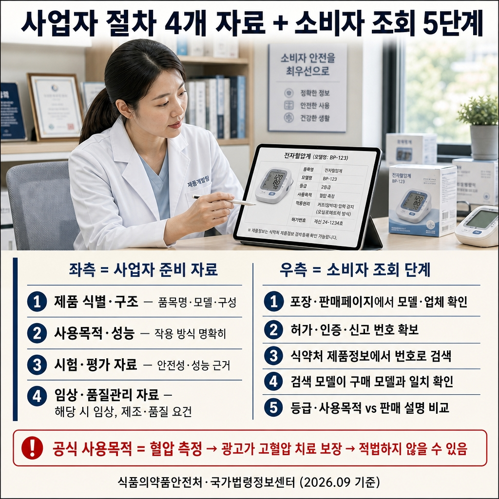 의료기기 허가·인증·신고 차이와 조회 방법: 모델명·사용목적 확인 2 사업자 준비 자료 4개 범주 — ① 제품 식별·구조 (품목명, 모델, 모양·구조, 구성), ② 사용목적·성능 (작용 방식), ③ 시험·평가 자료 (안전성·성능 근거), ④ 임상·품질관리 자료 (해당 시 임상, 적용 제조·품질 요건). 모든 제품에 같은 시험·임상이 요구되는 것은 아니며 보완 요청·제품 특성에 따라 기간 상이. 소비자 조회 5단계: ① 포장·판매 페이지에서 모델명·제조·수입업체 확인 → ② 허가·인증·신고 번호 확보 → ③ 식약처 공식 의료기기 제품정보에서 번호 또는 식별정보로 검색 → ④ 검색 결과 모델이 구매 모델과 일치 확인 → ⑤ 사용목적·등급·업체 정보 vs 판매 설명 비교. 공식 사용목적 = "혈압 측정"이라면, 광고가 "고혈압 치료 보장"까지 표현하는 경우 적법 영역을 벗어날 수 있습니다. "식약처 허가" 문구만으로 광고 효능 전체를 정부가 승인한 것은 아님. 인증 표시 "KC"나 해외 인증은 국내 의료기기 품목 정보를 대신하지 않습니다.