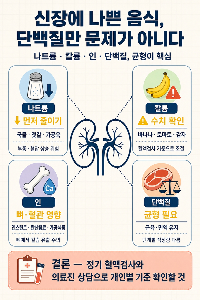 신장 건강을 위해 관리해야 할 4가지 영양소(나트륨, 칼륨, 인, 단백질)별로 줄이거나 주의해야 할 대표 식품과 절제 방향, 그리고 정기적인 혈액검사와 의료진 상담으로 개인별 식이 기준을 확인하는 것이 중요함을 정리한 안내