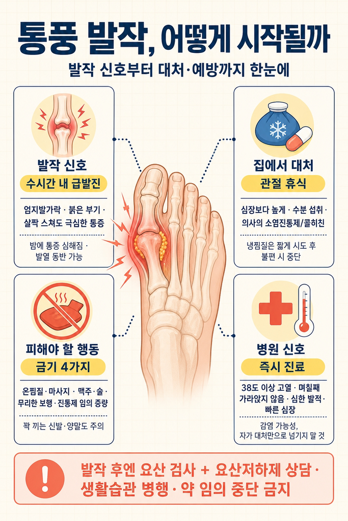 통풍 발작 대처, 증상 왔을 때 집에서 할 일과 피해야 할 행동 1 통풍 발작이 시작되는 전형적인 신호와 통증이 시작됐을 때 집에서 할 수 있는 대처, 발작 중에 피해야 할 행동, 병원을 찾아야 하는 즉각 진료 기준, 그리고 발작 후 요산 검사와 요산저하제 상담 및 약 임의 중단 금지 등 재발 예방 관리까지 정리한 안내