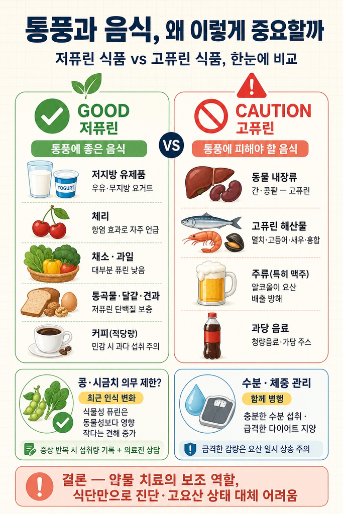 통풍에 좋은 음식과 피해야 할 음식, 요산 관리 식단 총정리 1 통풍의 원리가 퓨린 대사와 요산 축적에 있다는 점, 통풍에 좋은 저퓨린 식품(저지방 유제품·체리·채소·통곡물·달걀·커피)과 통풍 환자가 피해야 할 고퓨린 식품(동물 내장·고퓨린 해산물·주류·과당 음료)을 좌우로 비교하고, 콩·시금치 등 식물성 퓨린 식품에 대한 최근 인식 변화와 충분한 수분 섭취 및 급격한 다이어트 지양 같은 병행 관리, 약물 치료의 보조로서의 식단 역할까지 정리한 안내