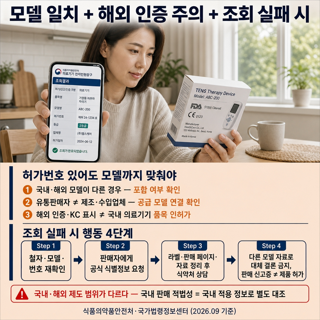 의료기기 허가·인증·신고 차이와 조회 방법: 모델명·사용목적 확인 3 같은 브랜드라도 국내·해외 모델이 다를 수 있어 검색된 허가정보에 실제 구매 모델이 포함되는지 봐야합니다. 판매자가 제조·수입업체가 아닌 유통·판매업자일 수도 있으므로, 공급 제품이 그 공식 모델에 해당하는지 연결·확인. 해외 인증 마크·KC 표시 등은 각각 다른 제도·범위로 국내 의료기기 품목 인허가를 대신하지 않으며, 국내 판매 적법성 판단은 국내 적용 제품 정보를 별도로 대조. 조회 실패 시 행동 4단계 — ① 철자·모델·번호 재확인 → ② 판매자에게 공식 식별정보 요청 → ③ 라벨 사진·판매 페이지·자료 정리 후 식약처 상담 경로로 문의 → ④ 비슷한 다른 모델의 자료로 대체 결론 금지, 판매업 신고증 ≠ 제품 허가. "누가 판매할 수 있는가"와 "어떤 제품이 등록되어 있는가"는 분리해 확인해야 정확.