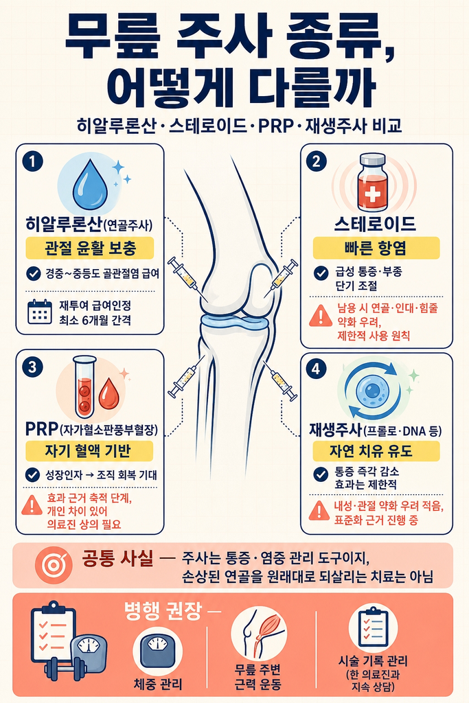 무릎 골관절염에 흔히 쓰이는 주사 치료 4가지 종류와 차이 — 관절 윤활 성분을 보충해 경증~중등도 골관절염에 건강보험 적용되며 재투여 시 최소 6개월 간격이 필요한 히알루론산(연골주사), 빠른 항염 효과로 급성 통증과 부종을 단기 조절하지만 남용 시 연골·인대·힘줄 약화 우려가 있어 제한적으로 사용하는 스테로이드, 자기 혈액에서 추출한 혈소판 풍부 성분을 넣어 조직 회복을 기대하지만 아직 근거 축적 단계인 PRP, 그리고 즉각적 통증 감소 효과는 제한적이나 반복 사용에 따른 내성 우려가 적은 프롤로·DNA 등 재생주사, 그리고 주사 치료만으로는 손상된 연골이 원래대로 회복되지 않으므로 체중 관리와 무릎 주변 근력 운동, 시술 기록을 한 의료진과 지속 관리하는 병행 습관의 중요성까지 정리한 안내