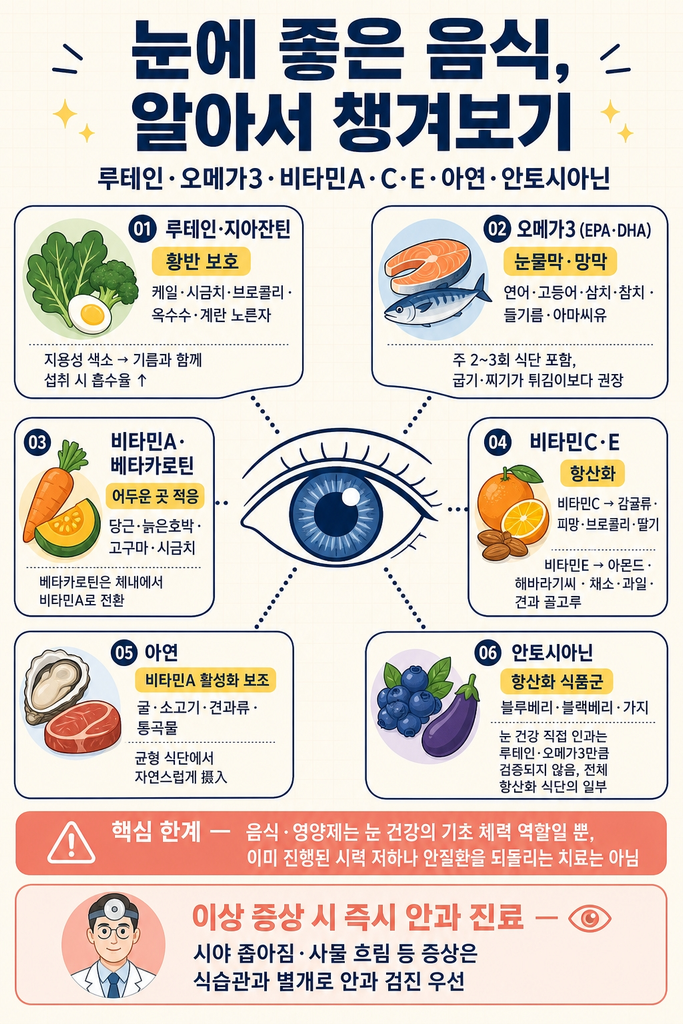 눈 건강에 관여하는 6가지 영양소와 식품, 그리고 각 영양소의 한계 — 체내에서 합성되지 않아 음식으로 반드시 섭취해야 하는 루테인과 지아잔틴이 황반 색소로 작용하며 케일·시금치 같은 짙은 녹색 잎채소와 브로콜리·옥수수·계란 노른자에서 얻을 수 있고 지용성 색소에 기름을 함께 활용하면 흡수율이 높아진다는 점, 망막 세포막 구성과 눈물막 지방층 안정에 관여하는 오메가3 EPA·DHA가 연어·고등어·삼치·참치 같은 등푸른생선과 들기름·아마씨유에 들어있어 주 2~3회 정도 식단에 포함하는 것이 권장된다는 점, 어두운 곳에서의 시적응에 필요한 비타민A와 베타카로틴이 당근·늙은호박·고구마·시금치에 들어있다는 점, 수정체·세포막 항산화에 도움 되는 비타민C와 E가 감귤류·피망·브로콜리·딸기·아몬드·해바라기씨에서 얻어진다는 점, 비타민A를 활성 형태로 전환하는 아연이 굴·소고기·견과류·통곡물에 들어있다는 점, 그리고 블루베리·블랙베리·가지의 안토시아닌은 항산화 식품군의 일부이지만 눈 건강과의 직접적 인과는 루테인·오메가3만큼 검증되지 않았다는 점, 음식과 영양제는 시력 저하나 안질환을 되돌리는 치료가 아니며 시야 좁아짐·사물 흐림 등 이상 증상 시에는 식습관과 별개로 안과 검진이 우선이라는 점을 정리한 안내
