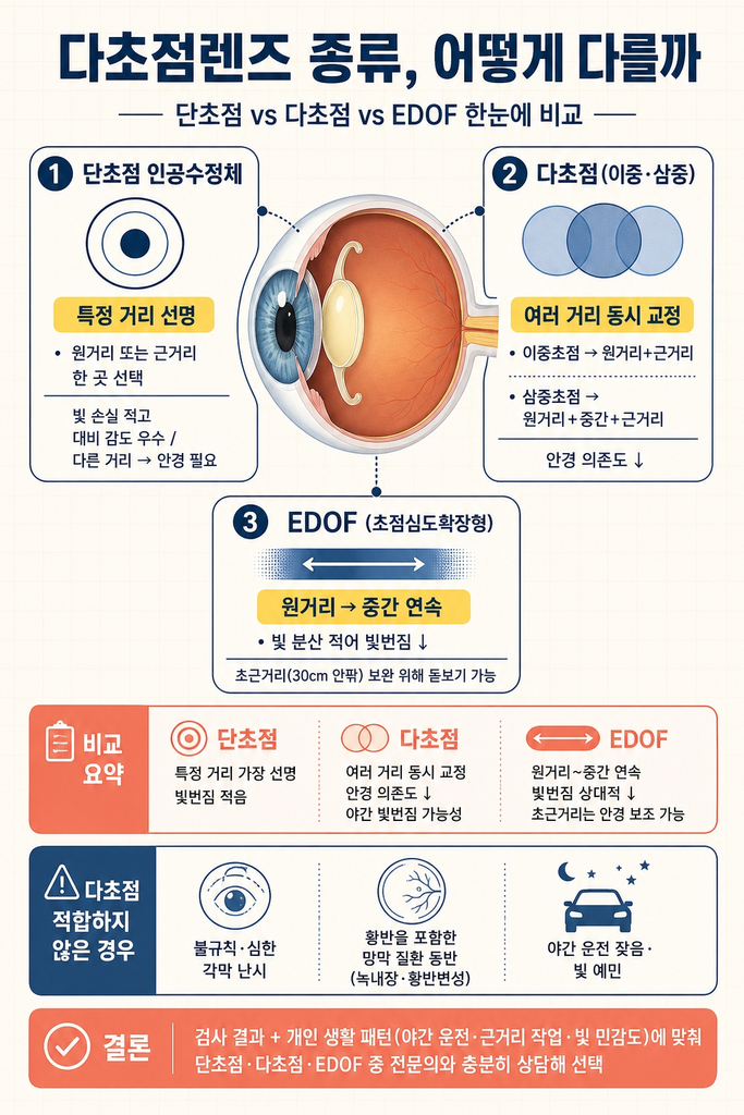 다초점렌즈 종류, 백내장 수술 전 알아야 할 선택 기준 1 백내장 수술 시 인공수정체 선택의 중요성과 단초점·다초점(이중·삼중초점)·EDOF(초점심도확장형) 세 유형의 차이 — 한 거리에서만 가장 선명한 시야를 제공하고 빛 손실과 대비 감도가 우수하지만 다른 거리는 안경이 필요한 단초점, 원거리·중간거리·근거리까지 여러 초점을 동시에 만들어 안경 의존도를 크게 줄일 수 있으나 야간 빛번짐이나 대비 감도 저하 가능성이 있는 다초점 렌즈, 하나의 초점 영역을 길게 늘려 원거리부터 중간거리까지 연속적으로 교정하면서 빛번짐이 다초점보다 적은 대신 30cm 안팎의 초근거리는 안경 보조가 필요할 수 있는 EDOF 렌즈, 그리고 불규칙하거나 심한 각막 난시·황반변성 등 망막 질환 동반 시 다초점이 적합하지 않을 수 있어 검사 결과와 함께 야간 운전 빈도·근거리 작업량·빛 민감도와 같은 개인 생활 패턴을 종합해 전문의와 상담해 결정해야 한다는 점을 정리한 안내