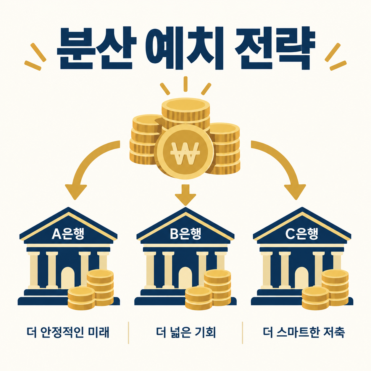 예금자보호한도 분산 예치 전략을 보여주는 카드뉴스 이미지, 여러 은행에 나눠 예치하는 동전 일러스트