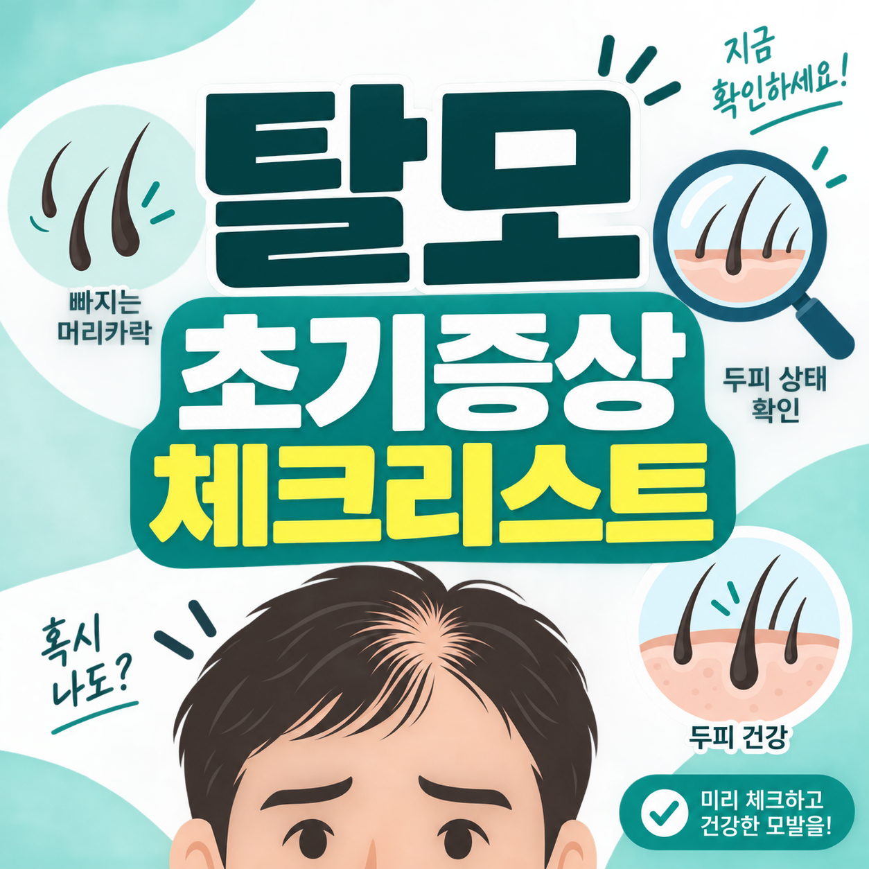 탈모 초기증상 체크리스트, 병원 가야 하는 시기와 치료방법 1 탈모 초기증상 체크리스트를 안내하는 미니멀 일러스트 썸네일