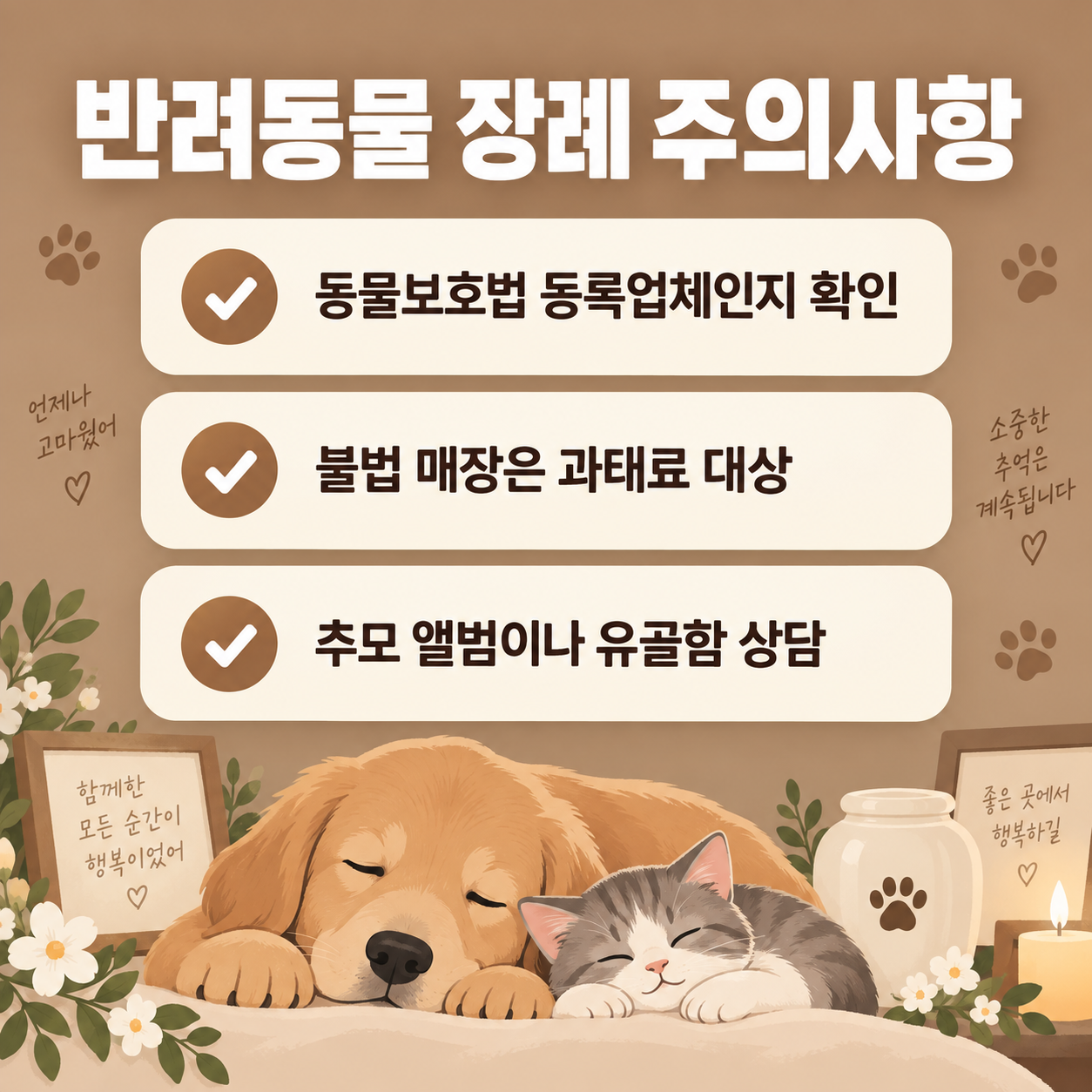 반려동물 장례 절차와 비용, 화장부터 봉안까지 총정리 3 반려동물 장례 업체 선택 시 주의사항 카드뉴스 이미지
