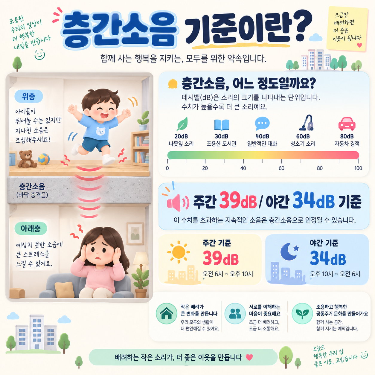 층간소음 이웃사이센터 신청 방법과 해결 절차 2 층간소음 데시벨 기준을 설명하는 인포그래픽 카드뉴스, 주간 39dB 야간 34dB 기준 수치와 아파트 층간 소음 그림