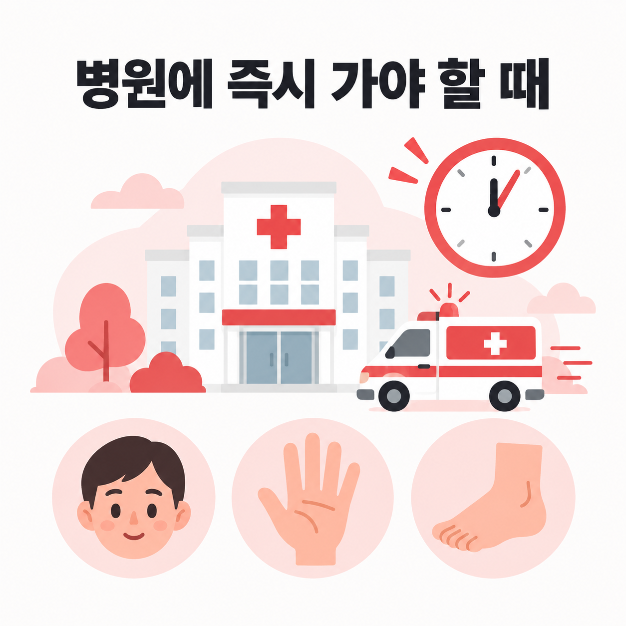 화상 병원 방문이 필요한 위급 신호를 보여주는 카드뉴스 이미지, 병원 건물과 응급차 아이콘