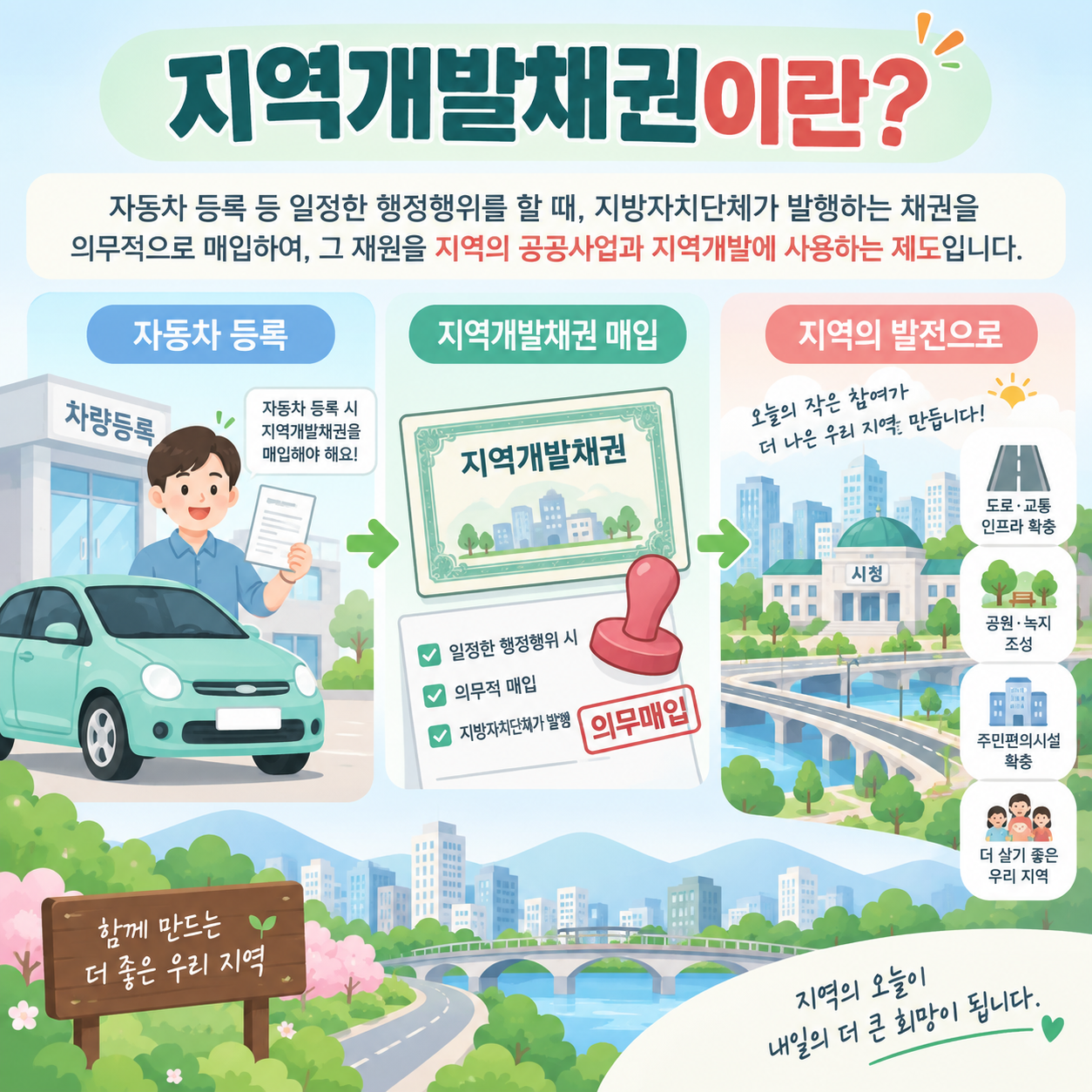 지역개발채권 개념을 설명하는 자동차와 서류 카드뉴스 이미지