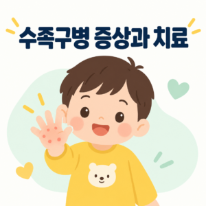 수족구병 증상과 치료를 안내하는 썸네일 이미지, 손에 붉은 발진이 있는 아이 일러스트