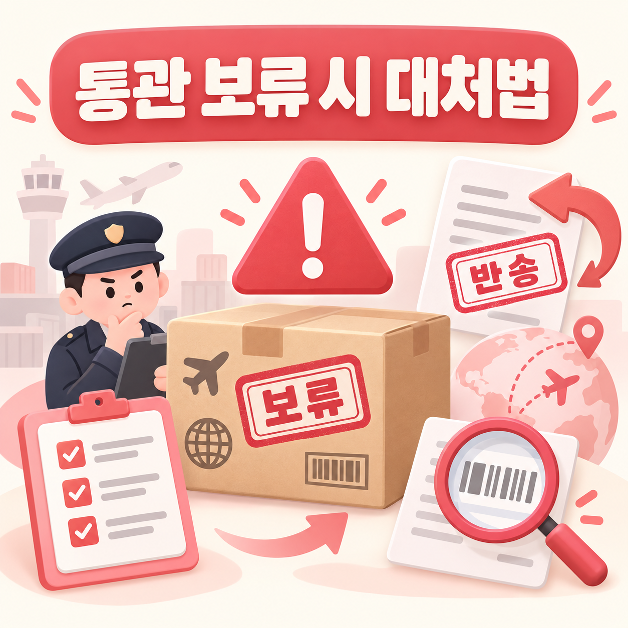 통관 보류와 적발 시 대처법을 설명하는 경고 아이콘 카드뉴스 이미지