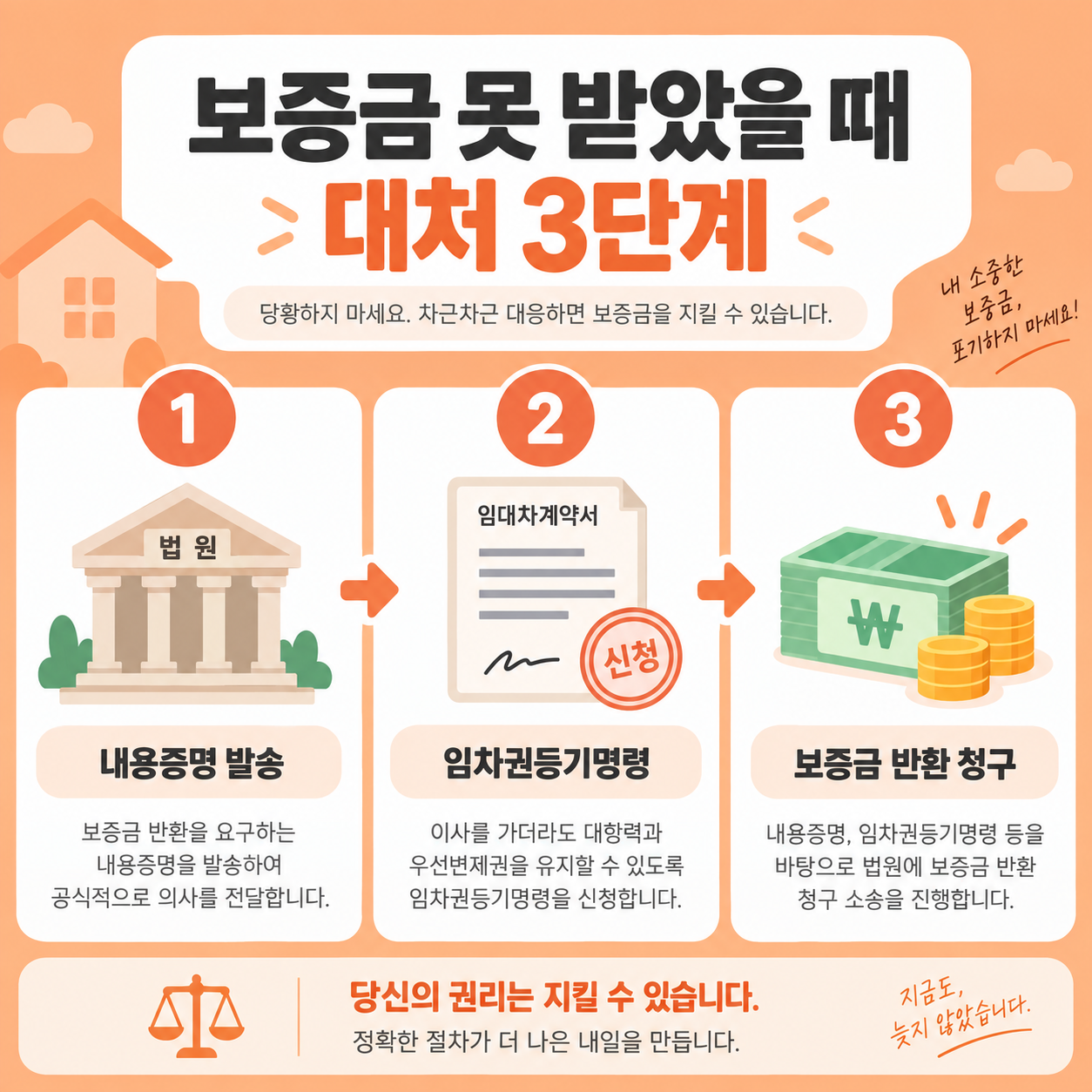 전세보증금 반환대출 조건과 신청방법, 보증금 못 받을 때 대처법 4 보증금 못 받았을 때 대처 3단계를 설명하는 카드뉴스 이미지