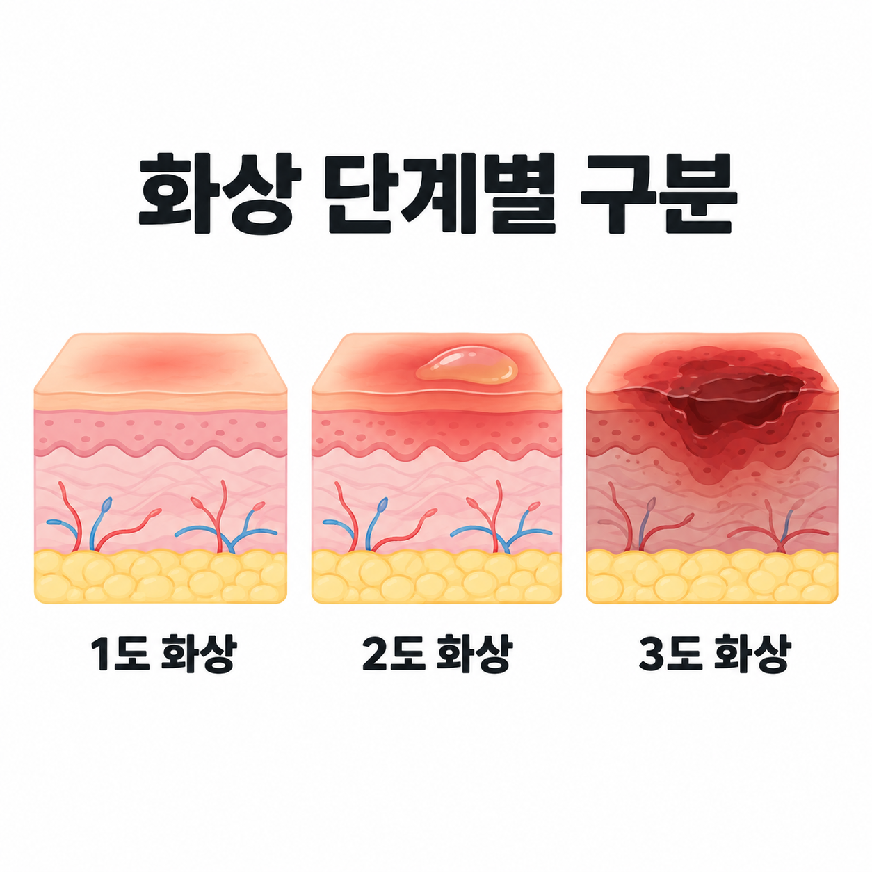 화상 단계별 구분을 보여주는 카드뉴스 이미지, 1도 2도 3도 화상 피부 단면도