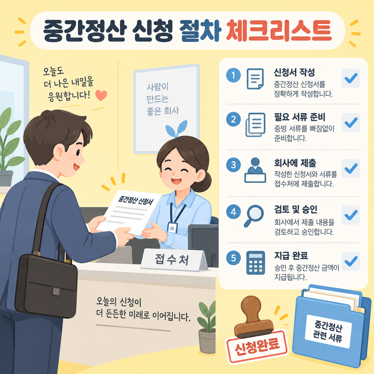 회사에 신청서를 제출하는 직장인과 도장 아이콘 카드뉴스 이미지