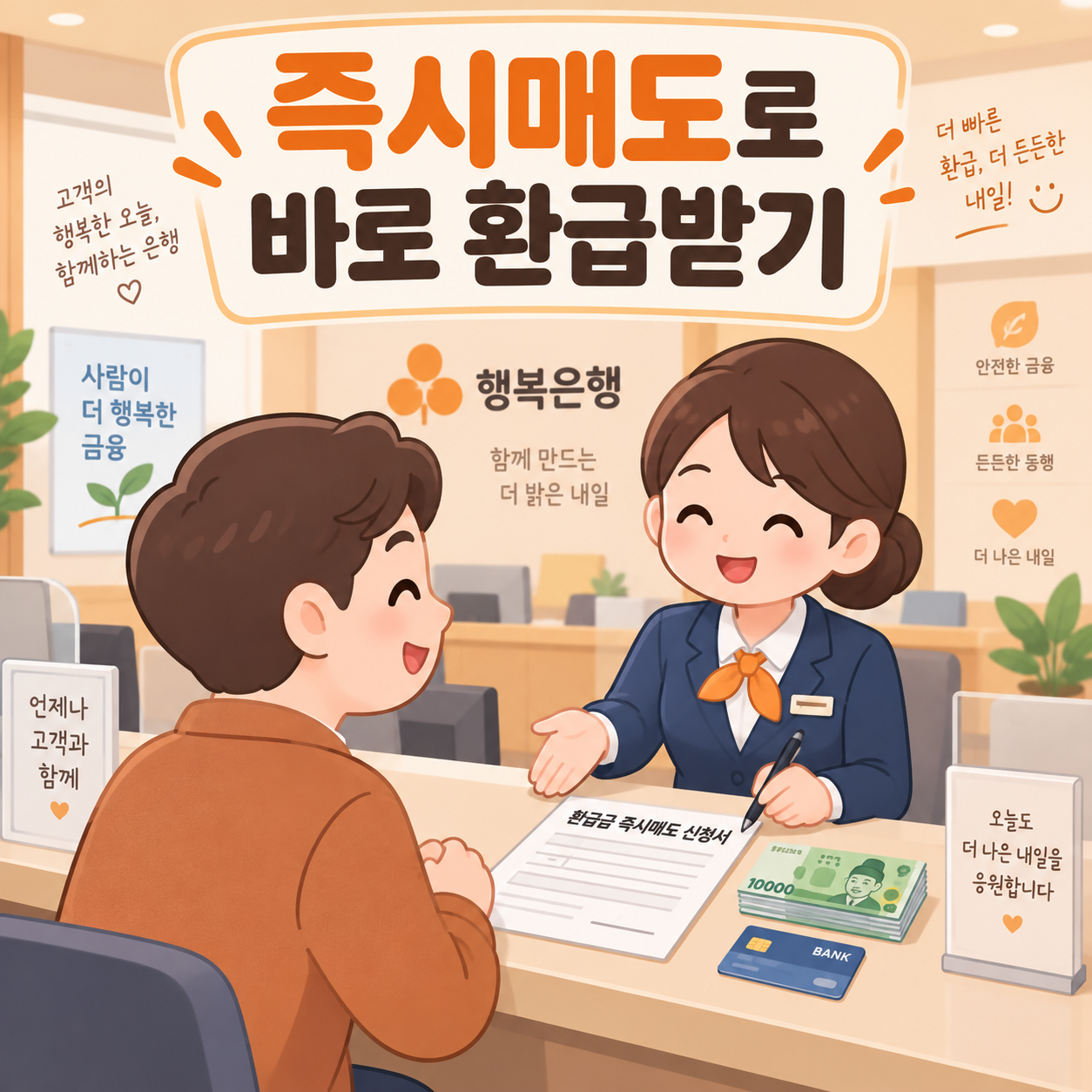 은행 창구에서 환급금을 즉시 매도하고 상환받는 장면의 카드뉴스 이미지