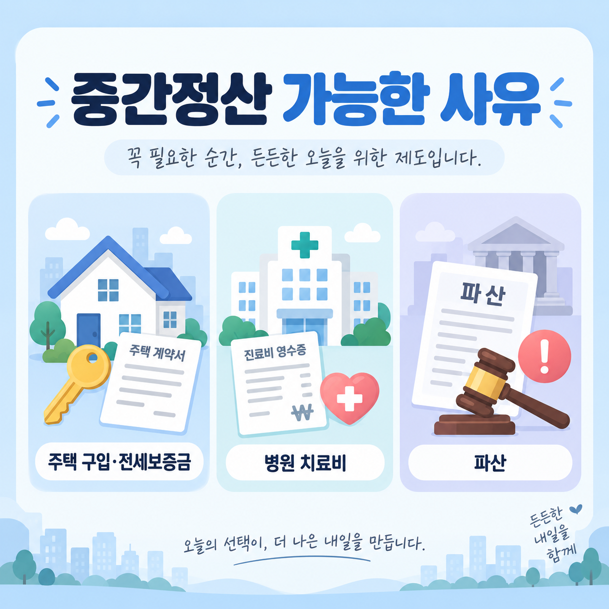 중간정산 가능한 사유를 설명하는 집과 병원비 아이콘 카드뉴스 이미지