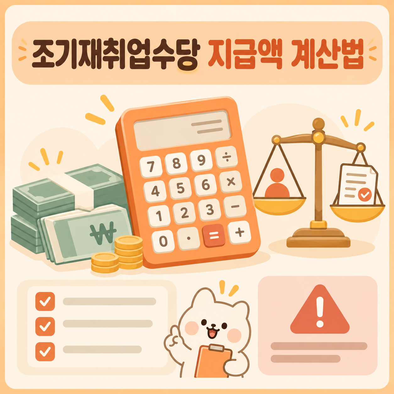 조기재취업수당 지급액 계산을 설명하는 계산기와 저울 카드뉴스 이미지