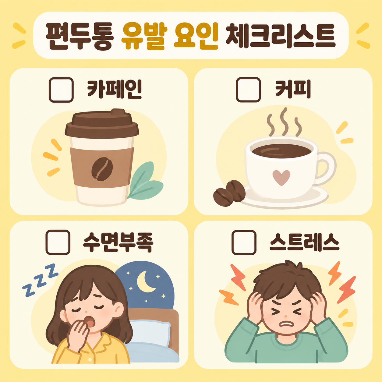 편두통 유발 요인을 설명하는 카페인과 스트레스 아이콘 카드뉴스 이미지